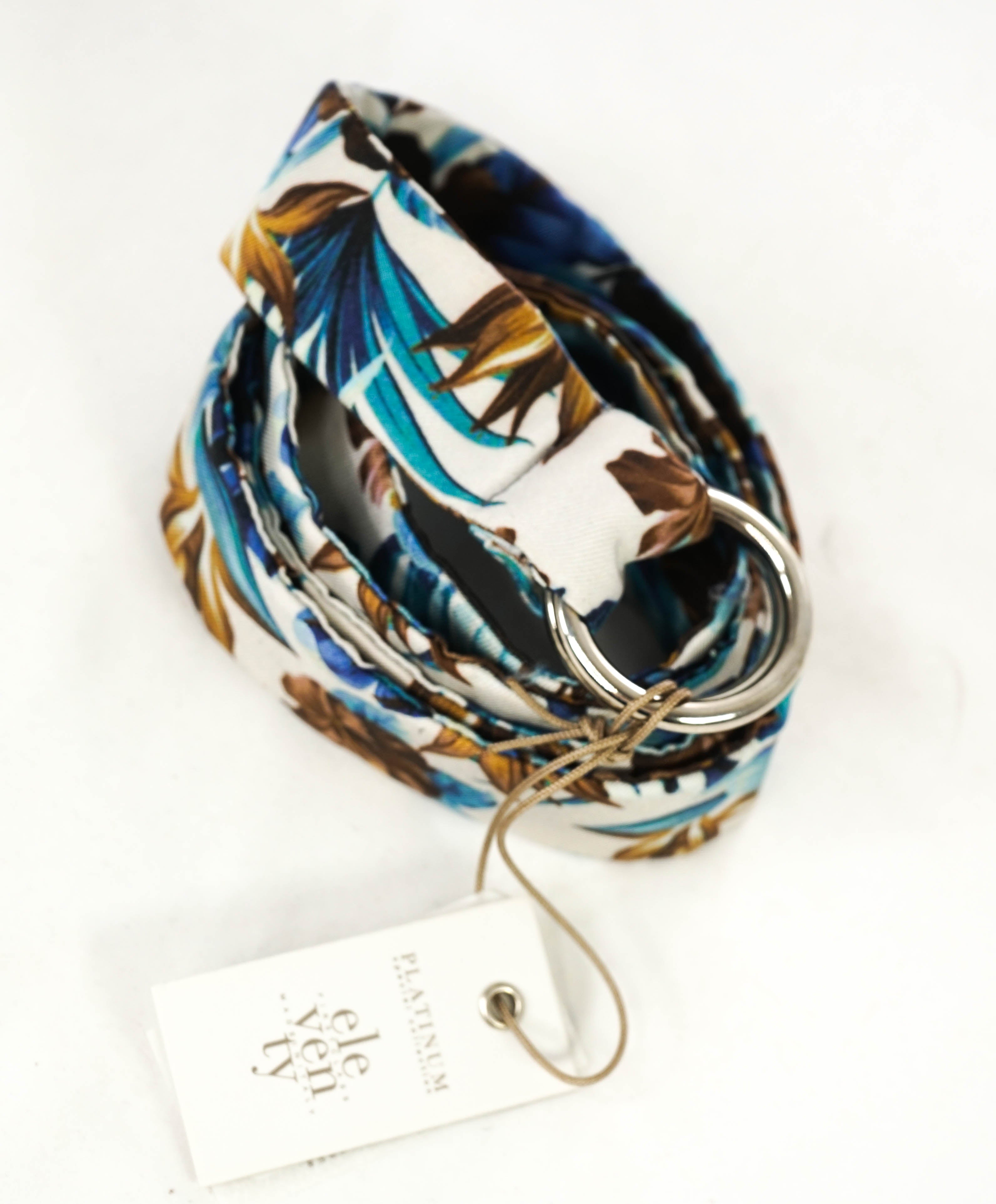 $220 ELEVENTY - Blue/Ivory Floral PURE SILK Made In Italy O Ring Belt - One Size