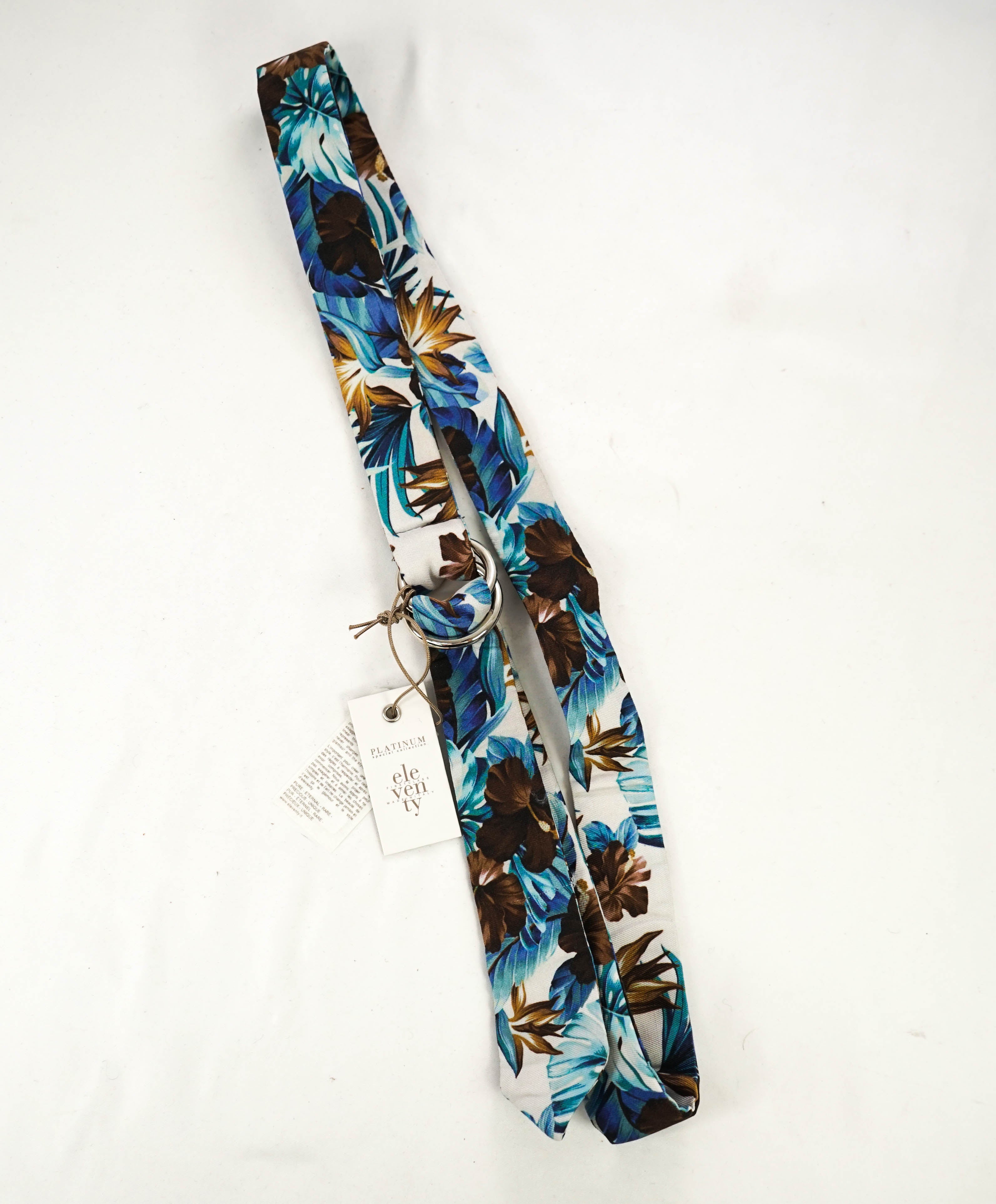 $220 ELEVENTY - Blue/Ivory Floral PURE SILK Made In Italy O Ring Belt - One Size