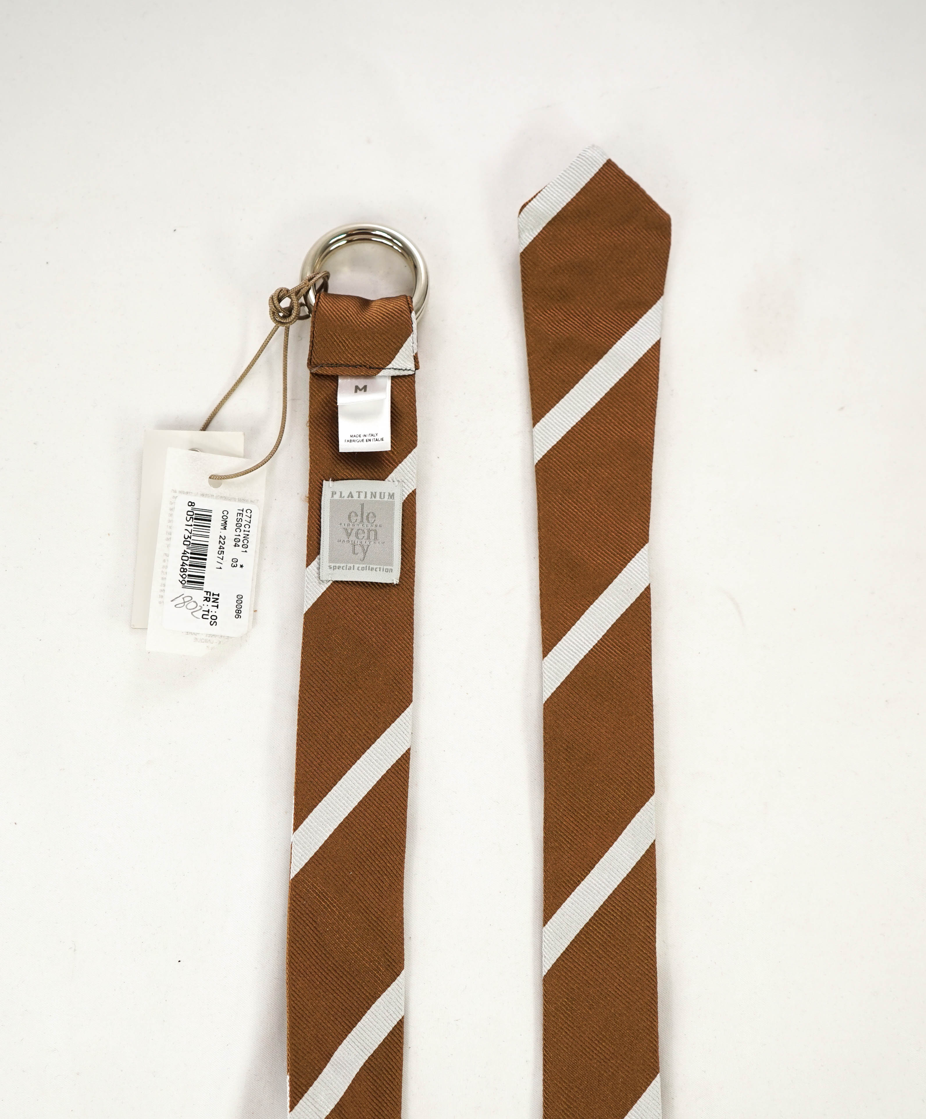 $220 ELEVENTY - Brown/Ivory Stripe PURE SILK Made In Italy O Ring Belt - One Size