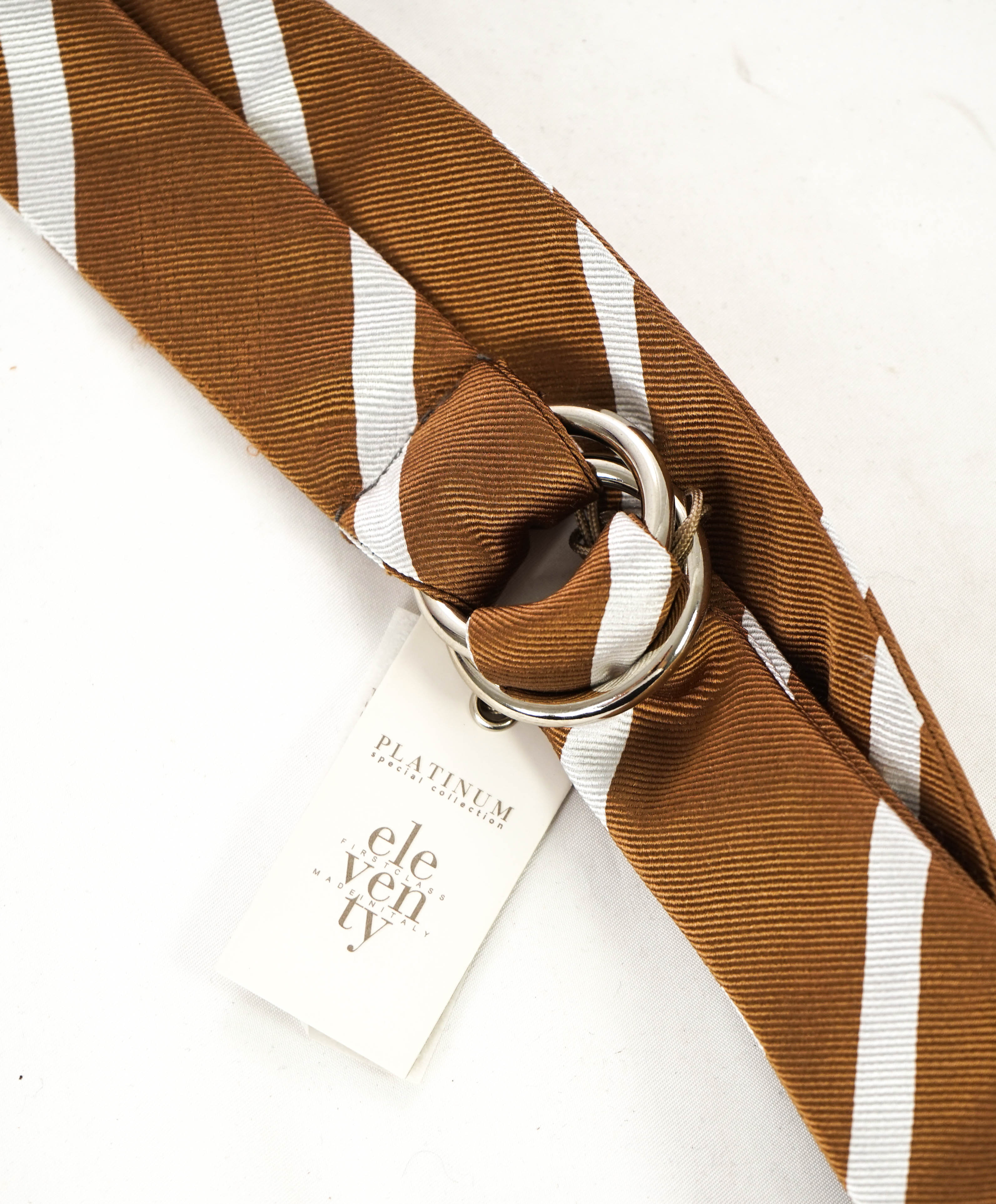 $220 ELEVENTY - Brown/Ivory Stripe PURE SILK Made In Italy O Ring Belt - One Size