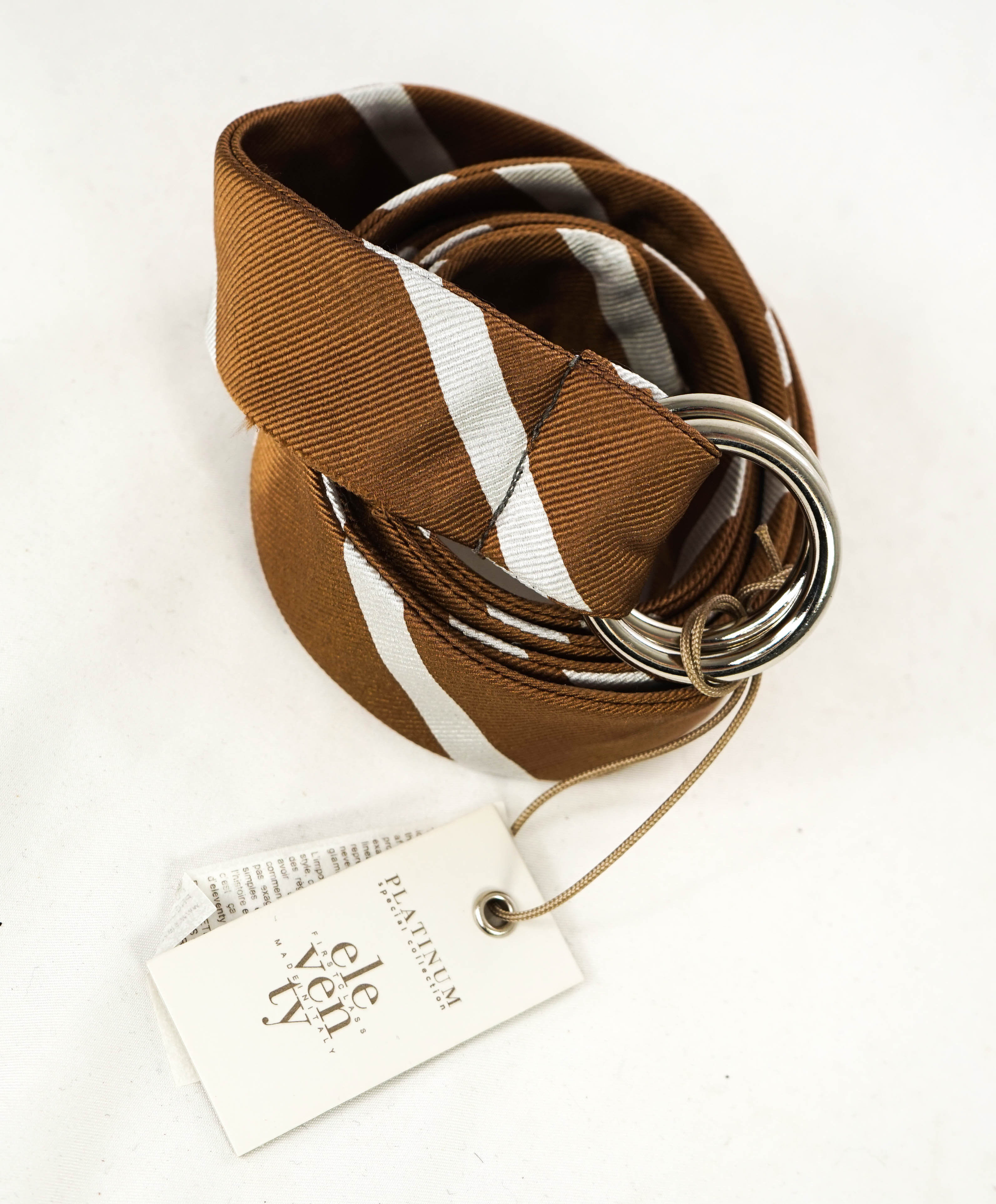 $220 ELEVENTY - Brown/Ivory Stripe PURE SILK Made In Italy O Ring Belt - One Size