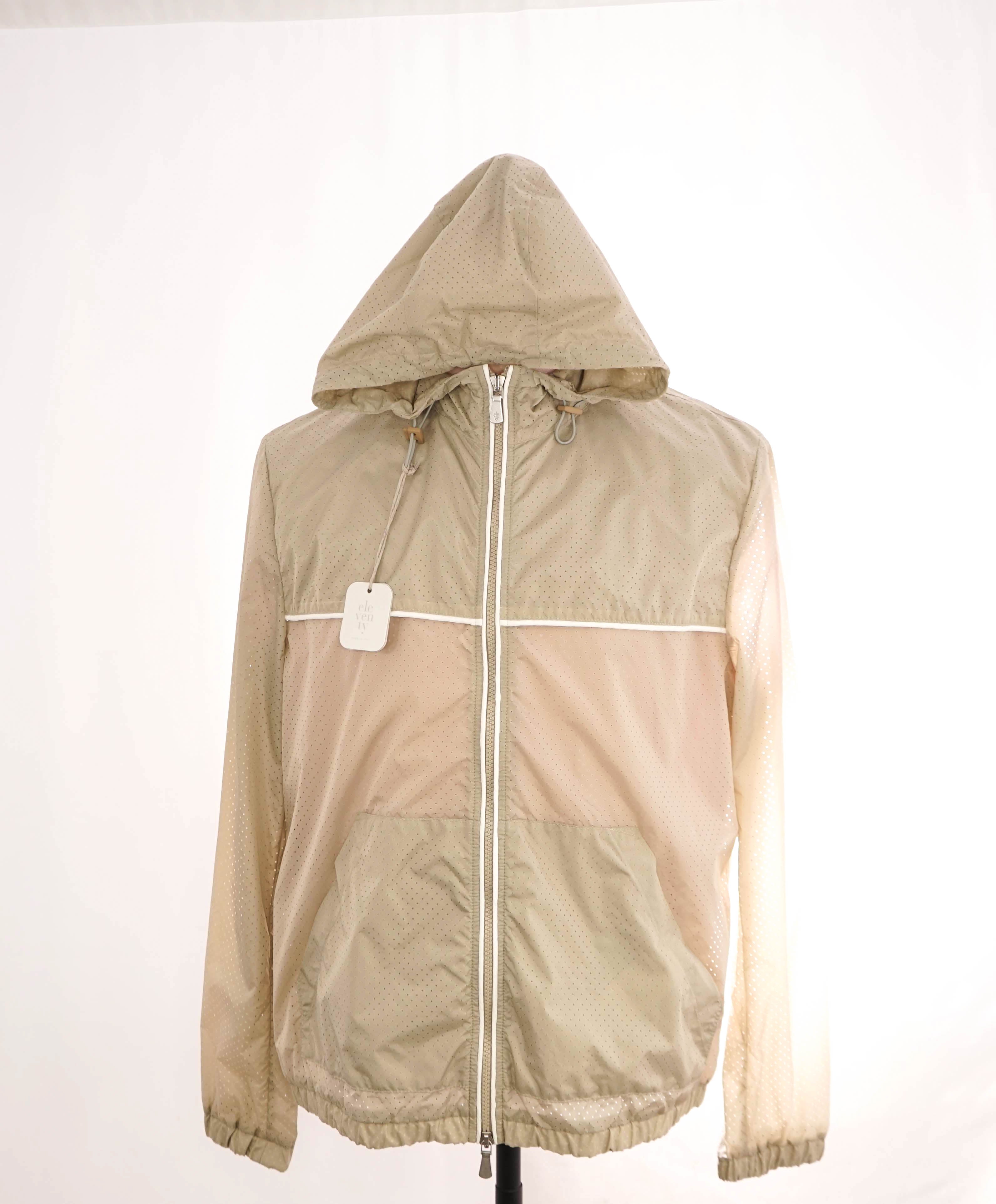 $1,645 ELEVENTY - Neutral Perforated Nylon Hooded Rain Jacket Coat- 40R