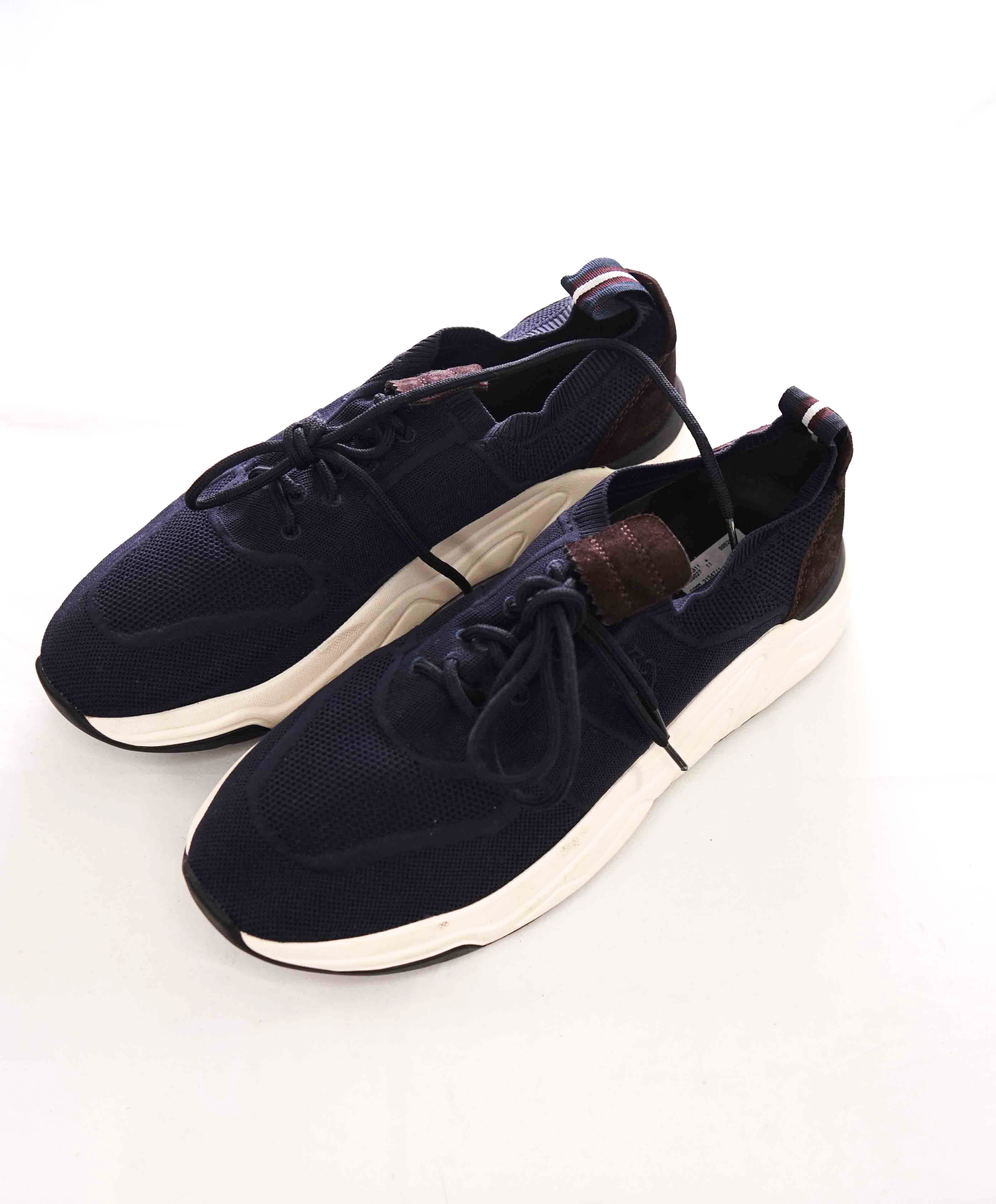 $995 ELEVENTY - Navy Blue Knit LOGO Brown Suede Slip On Sneaker - 11 US (44EU)