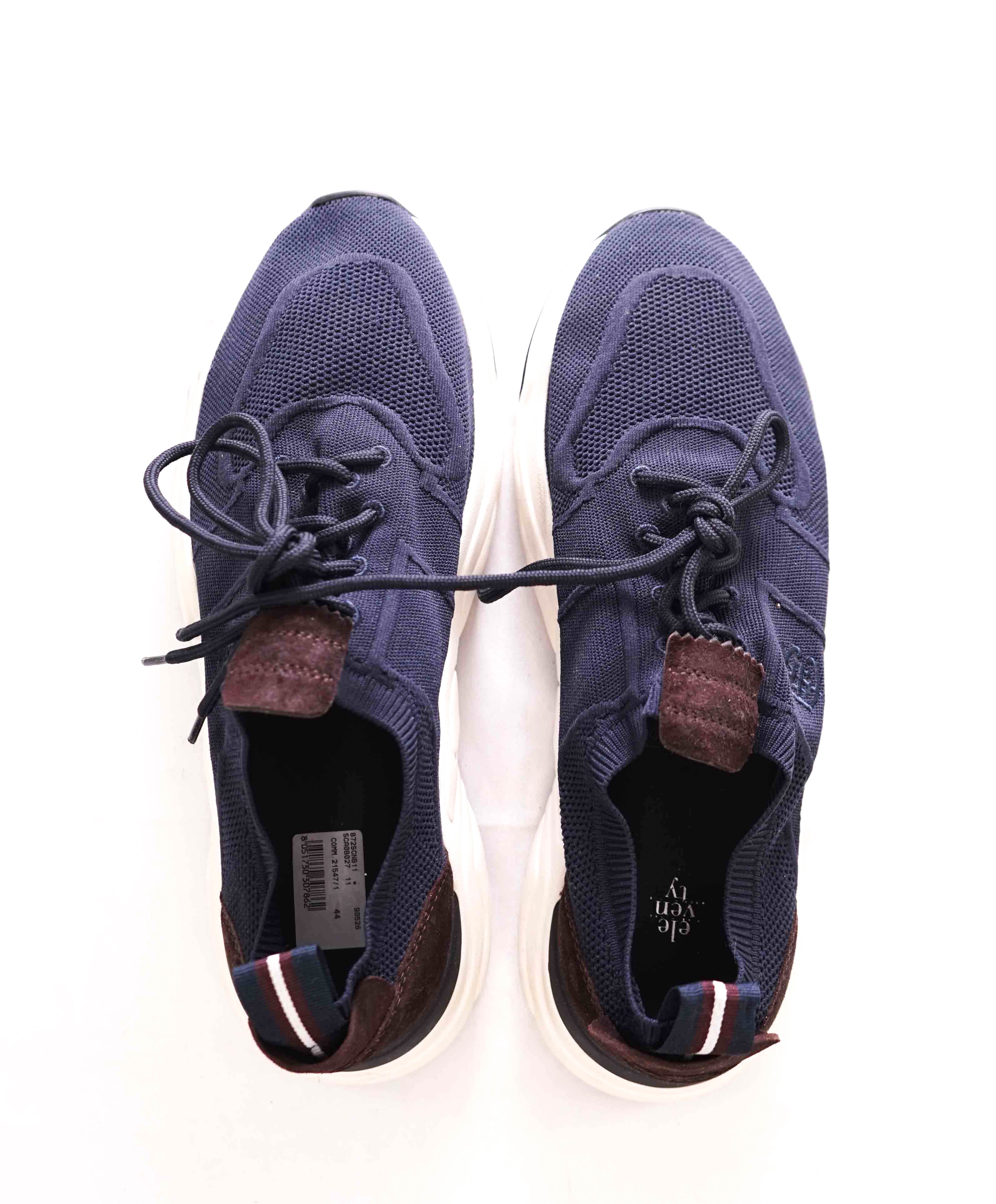 $995 ELEVENTY - Navy Blue Knit LOGO Brown Suede Slip On Sneaker - 11 US (44EU)