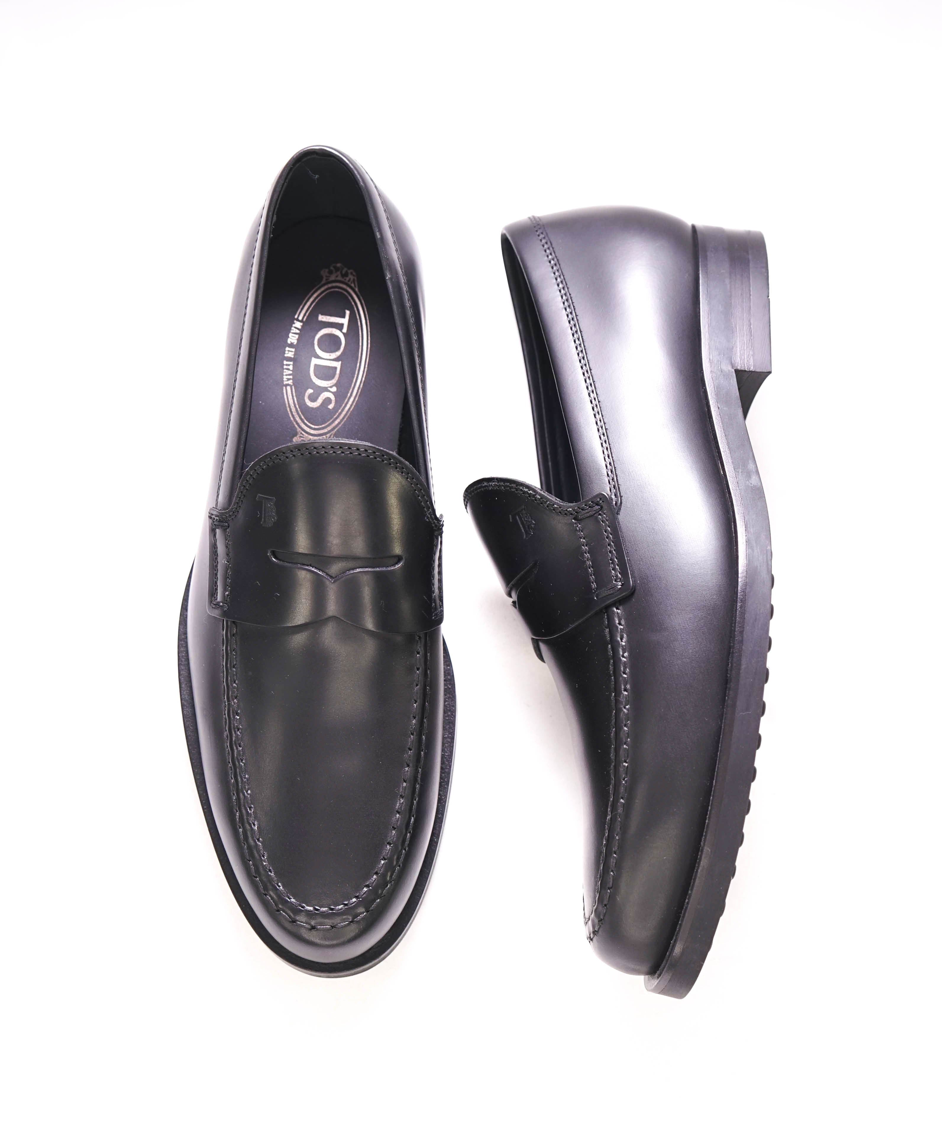 TOD’S - “Boston” Black Logo Embossed Vamp Penny Loafers - 7.5 US