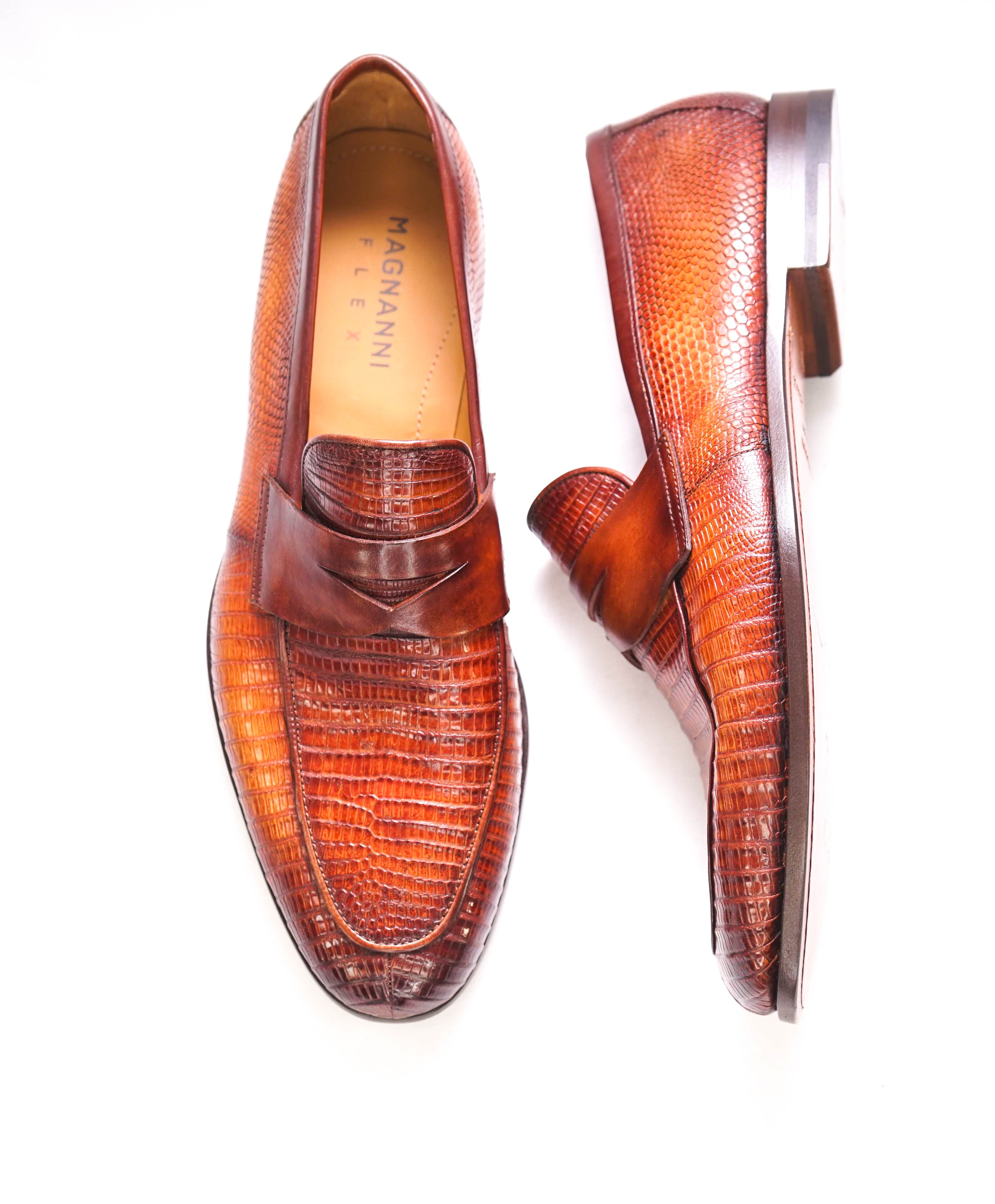 $825 MAGNANNI - "FLEX" MADE IN SPAIN Genuine Lizard Brown Loafers - 8