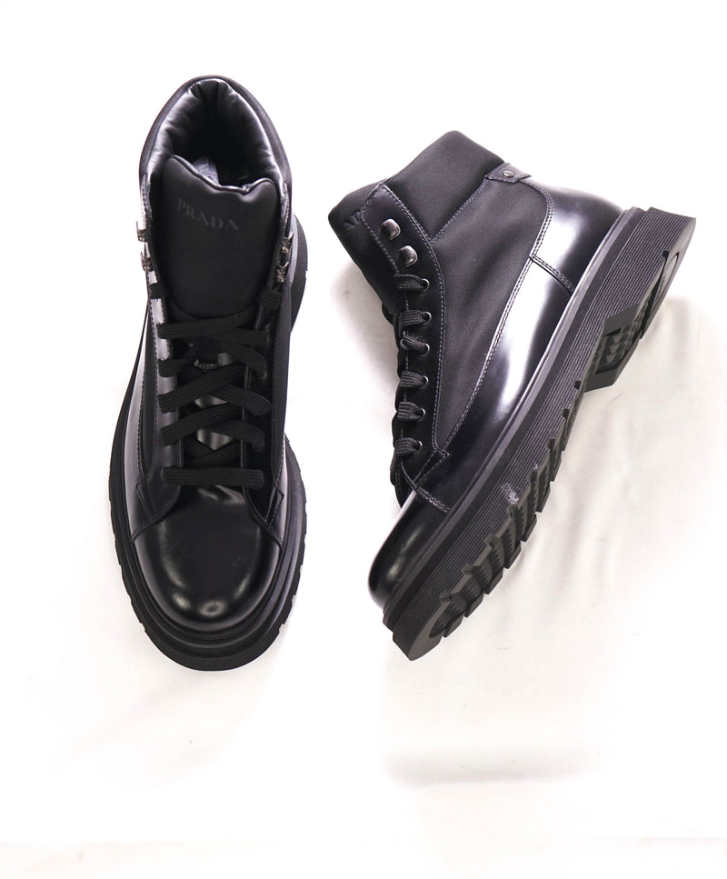 $1,520 PRADA - Mens Combat Boots Black Leather Hook Eye Hiking Derby- 10 US (9)