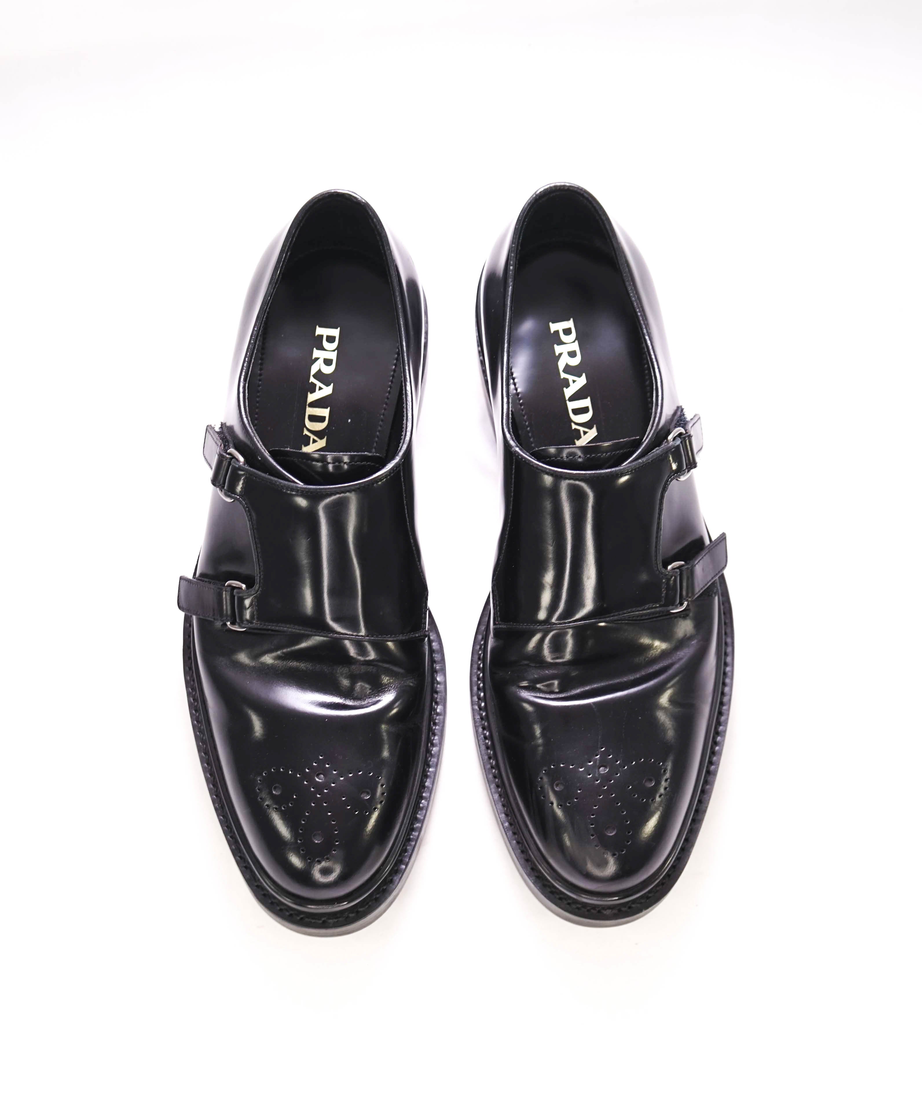 $1,150 PRADA - Black Monk Strap Brogue Leather Lug Sole Loafers - 10.5 US (9.5 Prada)