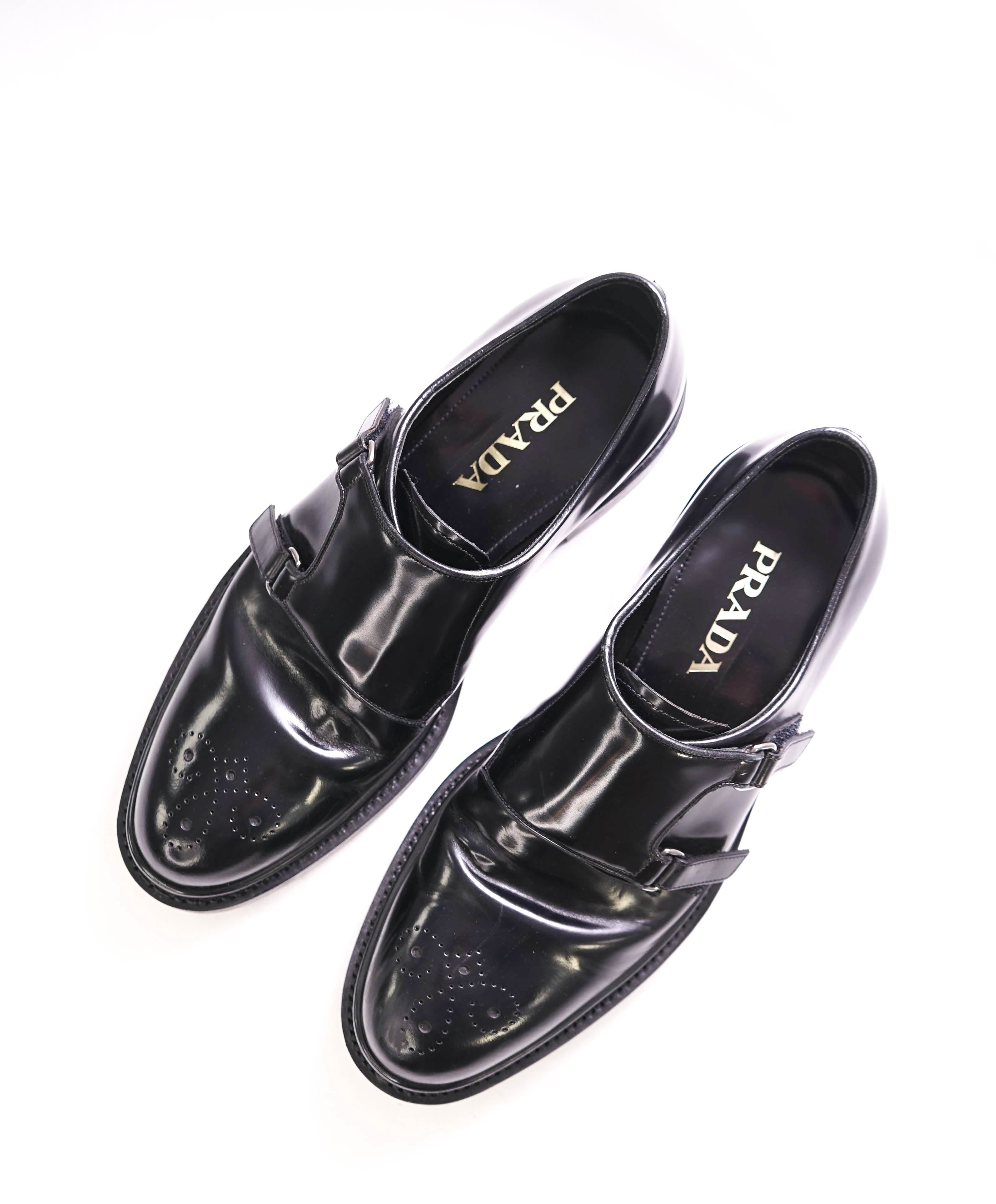 $1,150 PRADA - Black Monk Strap Brogue Leather Lug Sole Loafers - 10.5 US (9.5 Prada)