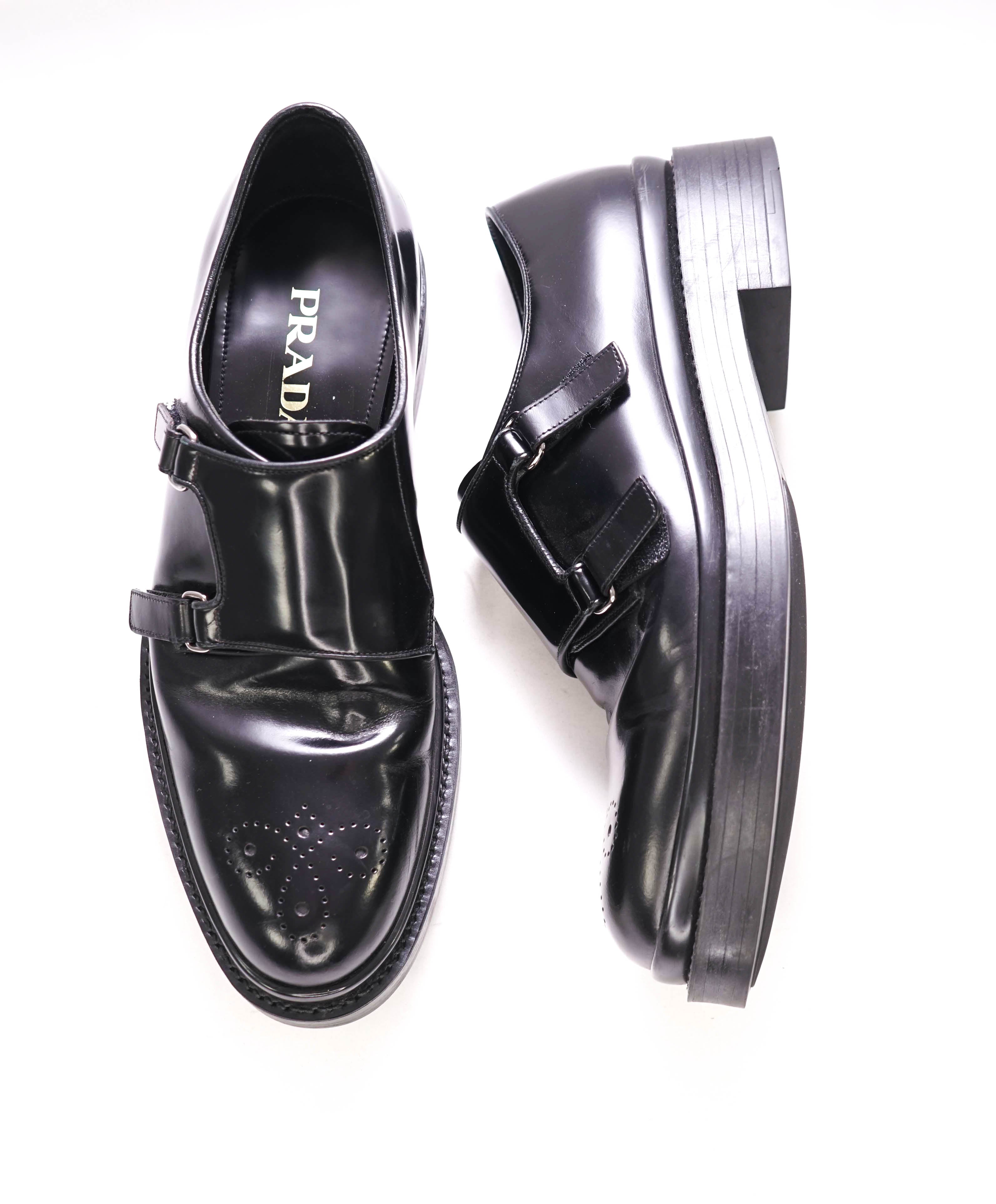 $1,150 PRADA - Black Monk Strap Brogue Leather Lug Sole Loafers - 10.5 US (9.5 Prada)