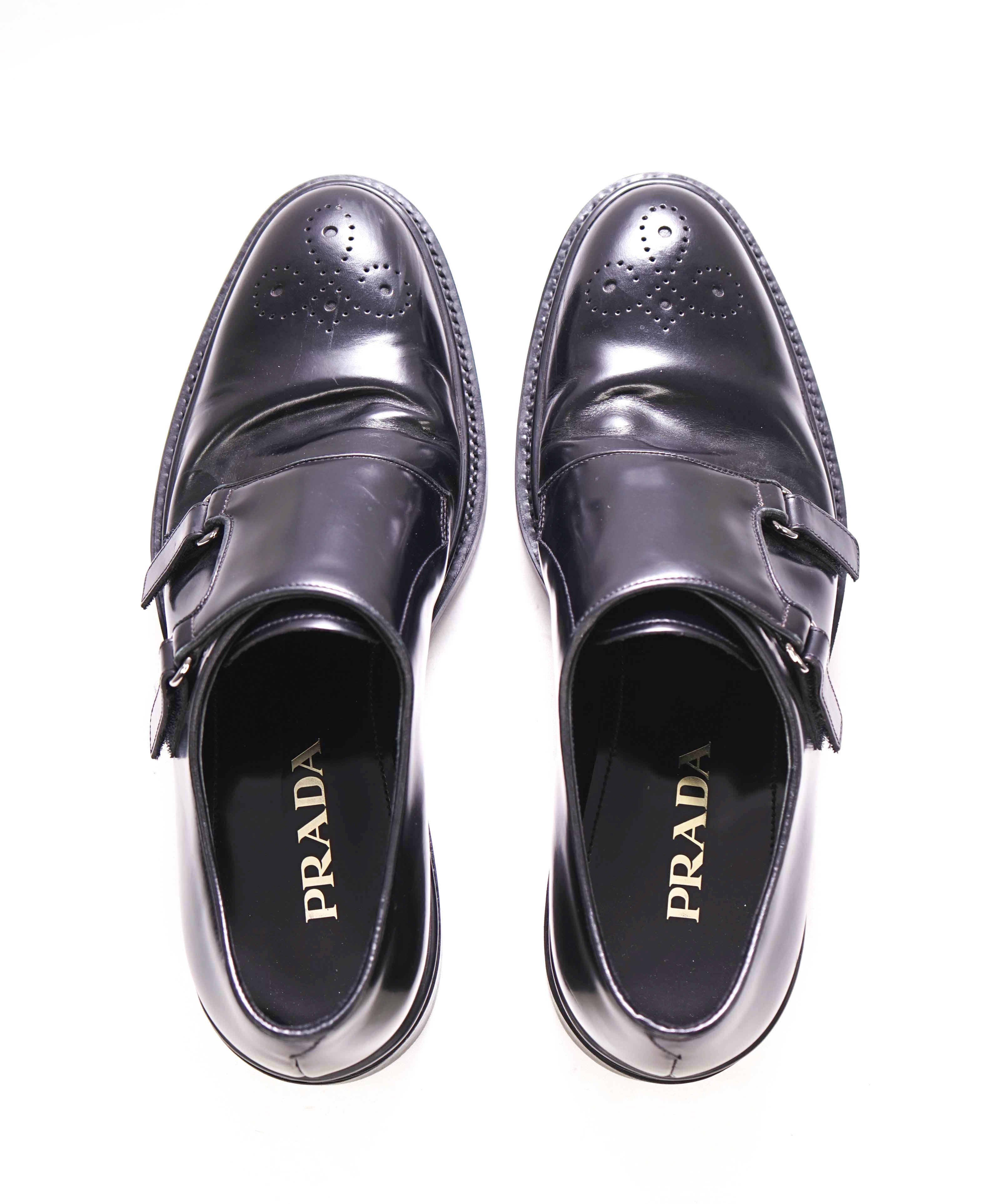 $1,150 PRADA - Black Monk Strap Brogue Leather Lug Sole Loafers - 10.5 US (9.5 Prada)