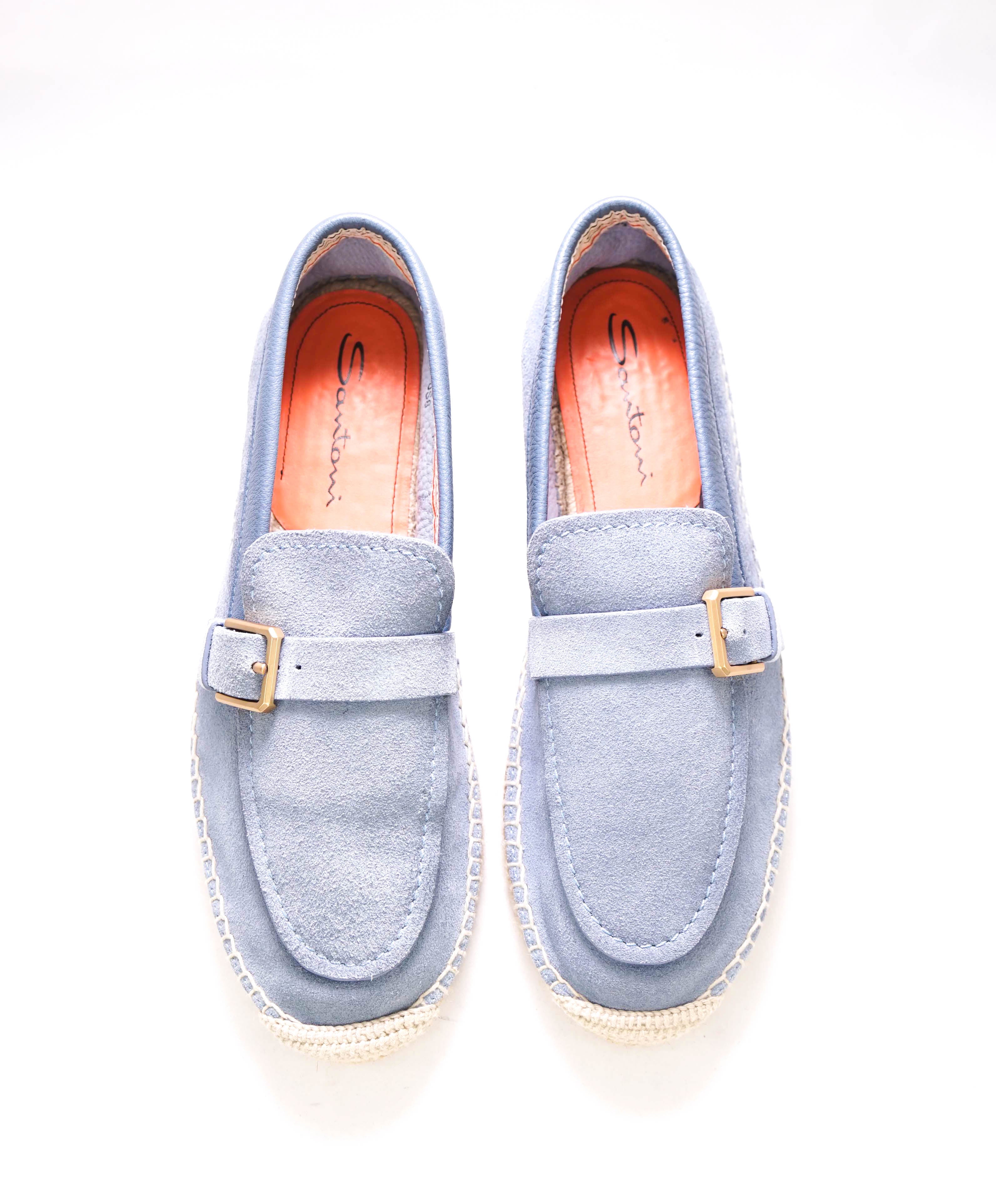 $730 SANTONI -  Baby Blue Soft Suede Slip-On Espadrille Loafers - 8 D US