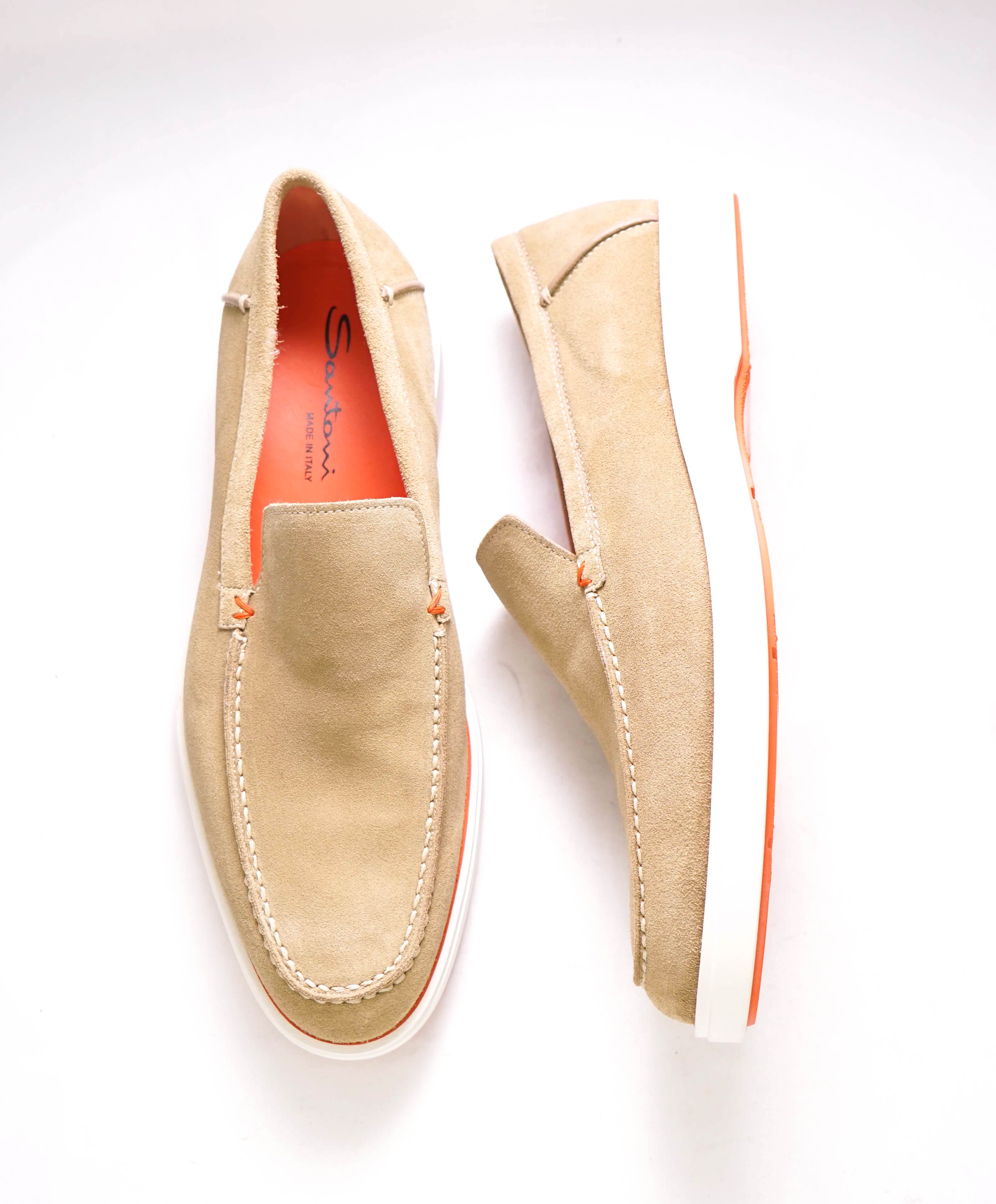 $730 SANTONI - "DETROIT" Light Brown Suede Soft Slip-On Loafers - 8.5 D US