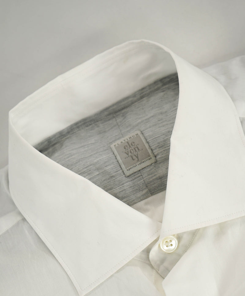 $395 ELEVENTY - *Spread Collar* Slim-Cotton Poplin White Dress Shirt - L (42)