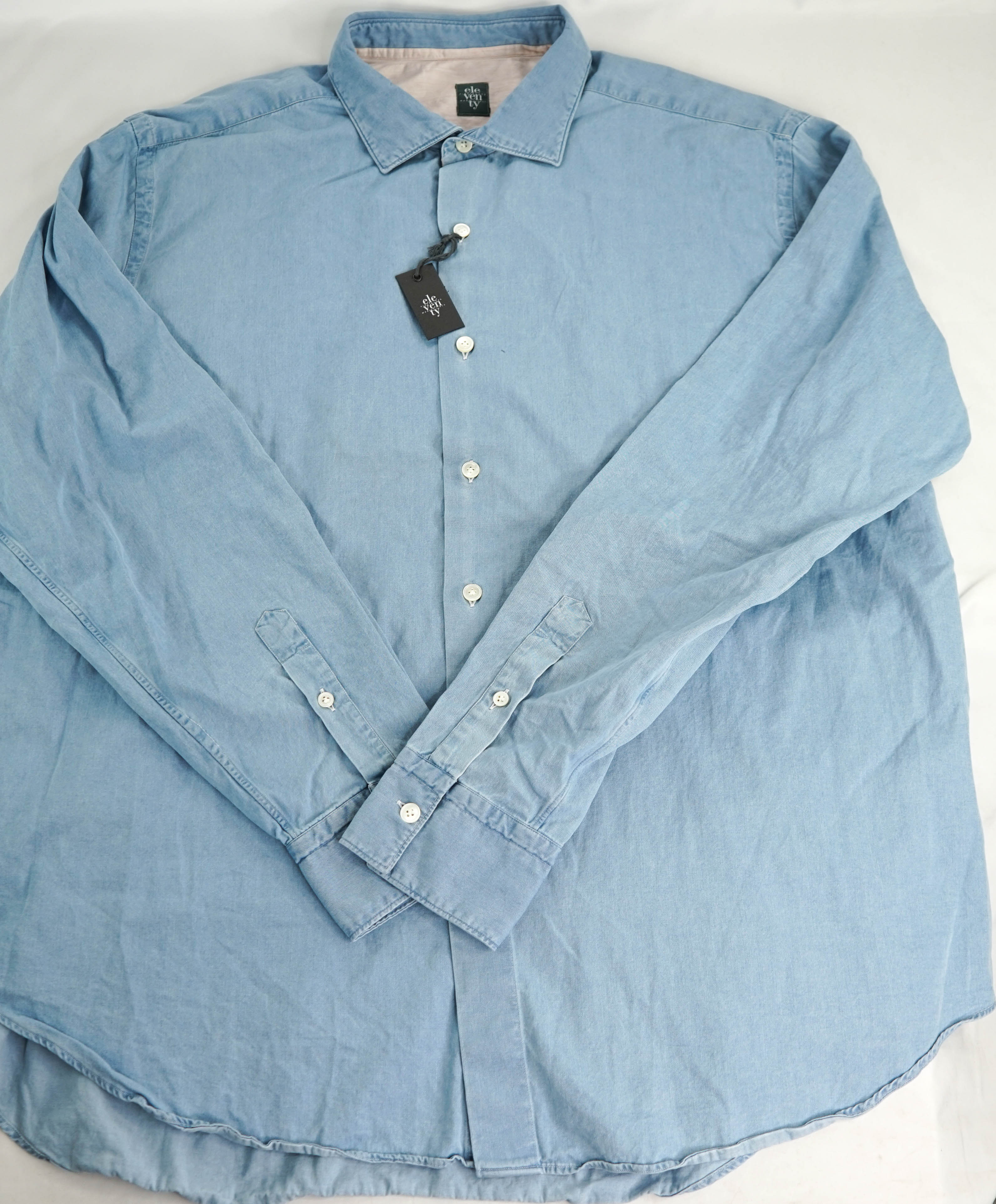 ELEVENTY - Pure Cotton Blue Wash Chambray Button Down Shirt - 4XL