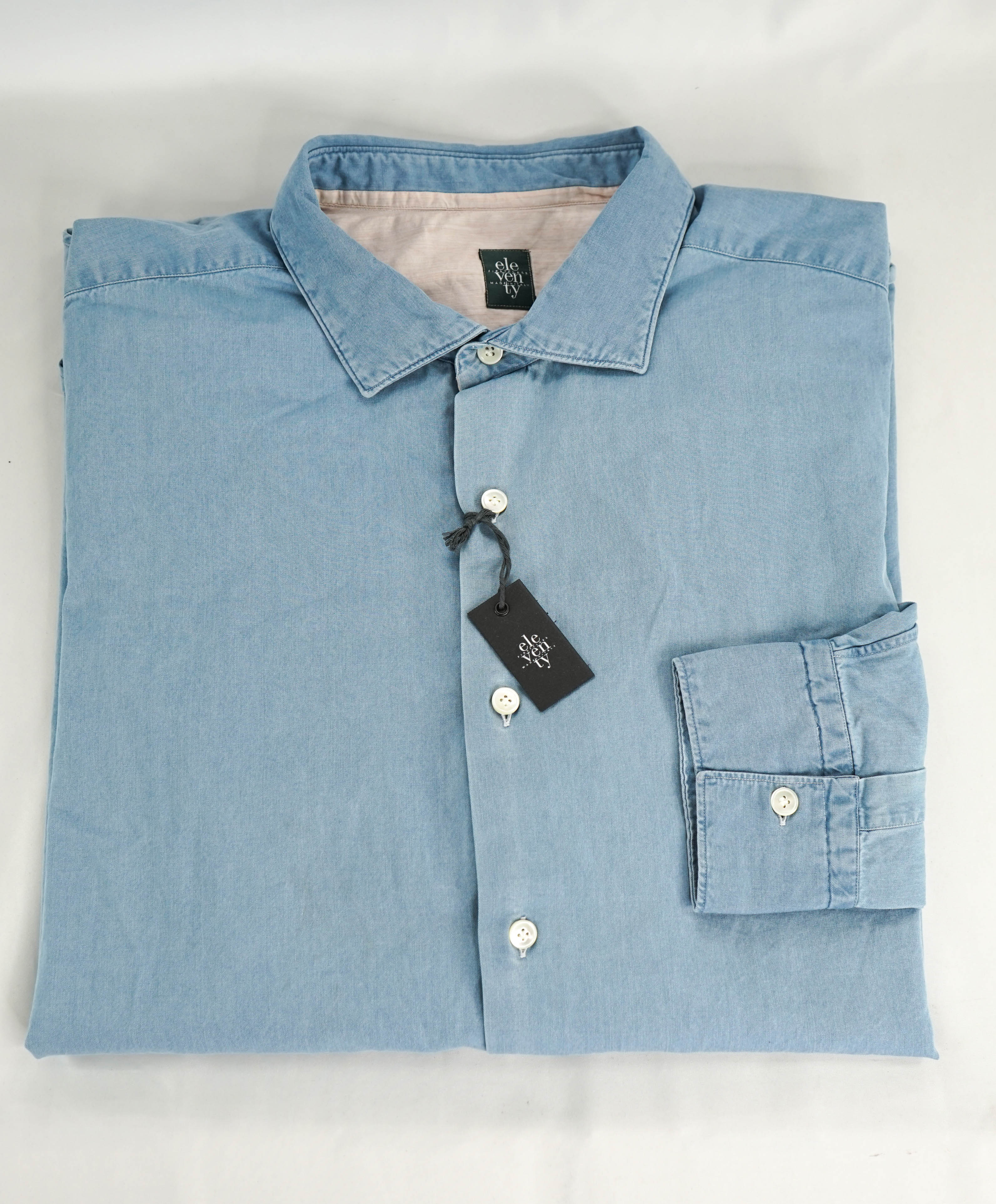 ELEVENTY - Pure Cotton Blue Wash Chambray Button Down Shirt - 4XL