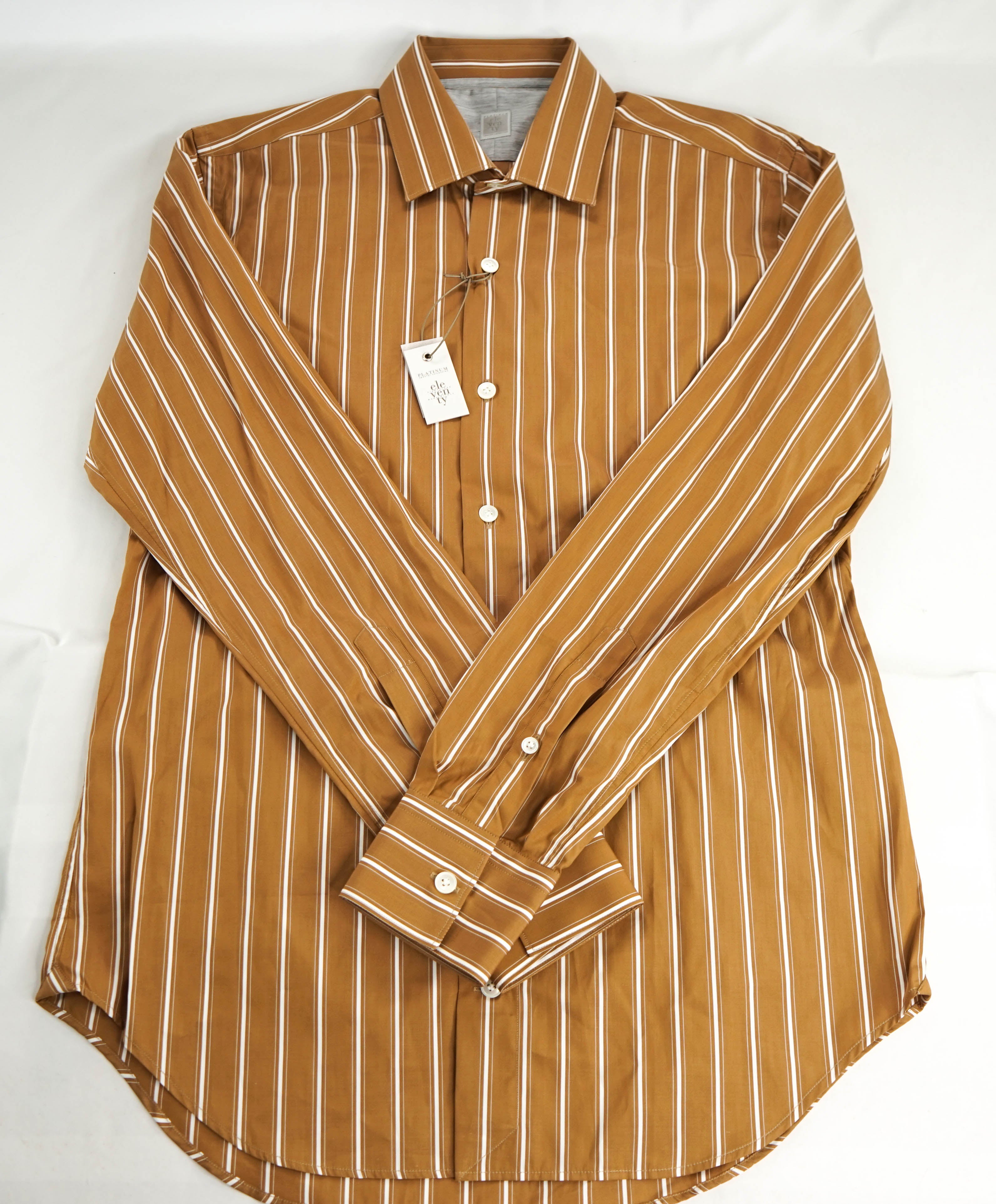 $395 ELEVENTY - Camel/White *Spread Collar* Stripe Dress Shirt - M