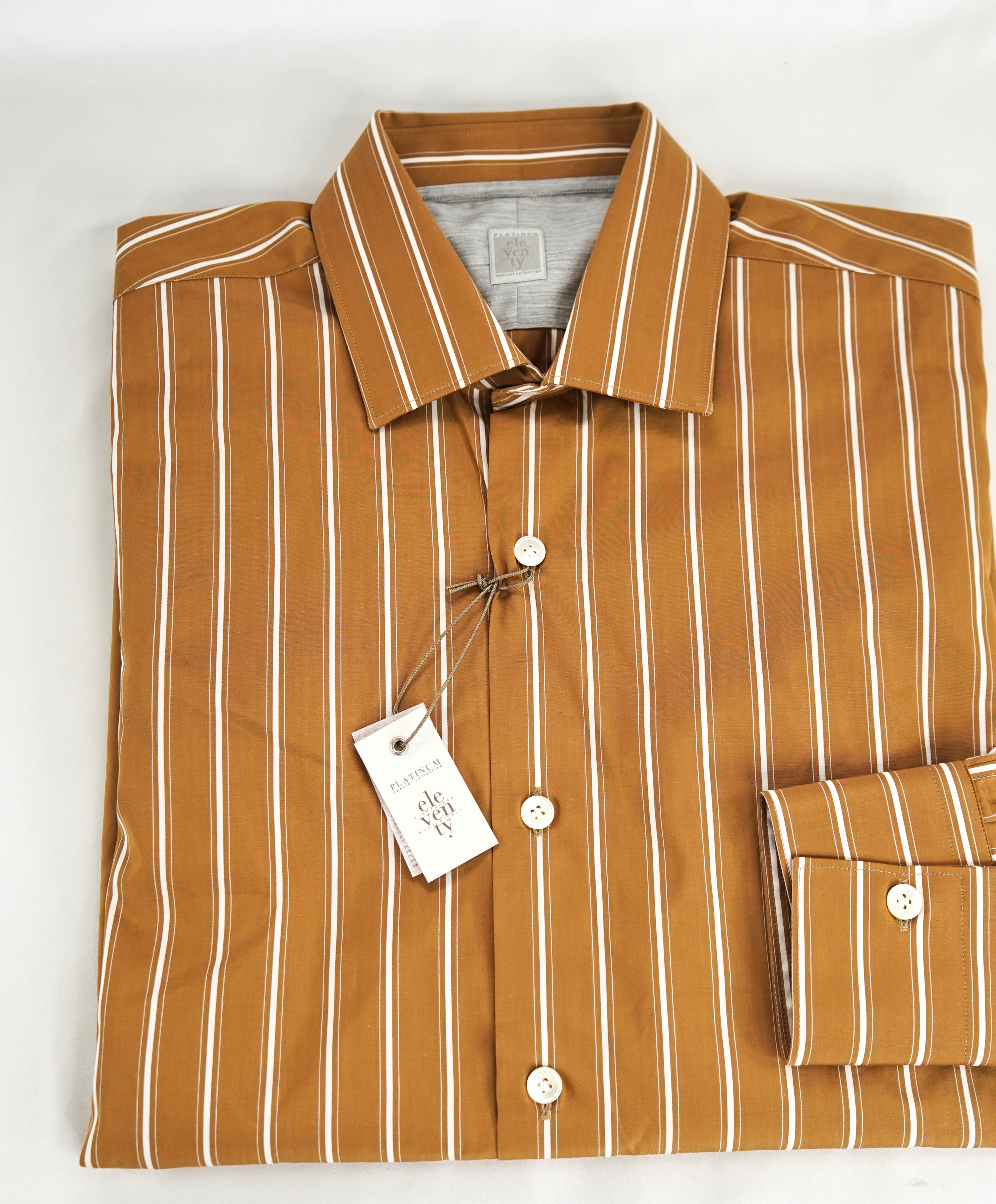 $395 ELEVENTY - Camel/White *Spread Collar* Stripe Dress Shirt - M