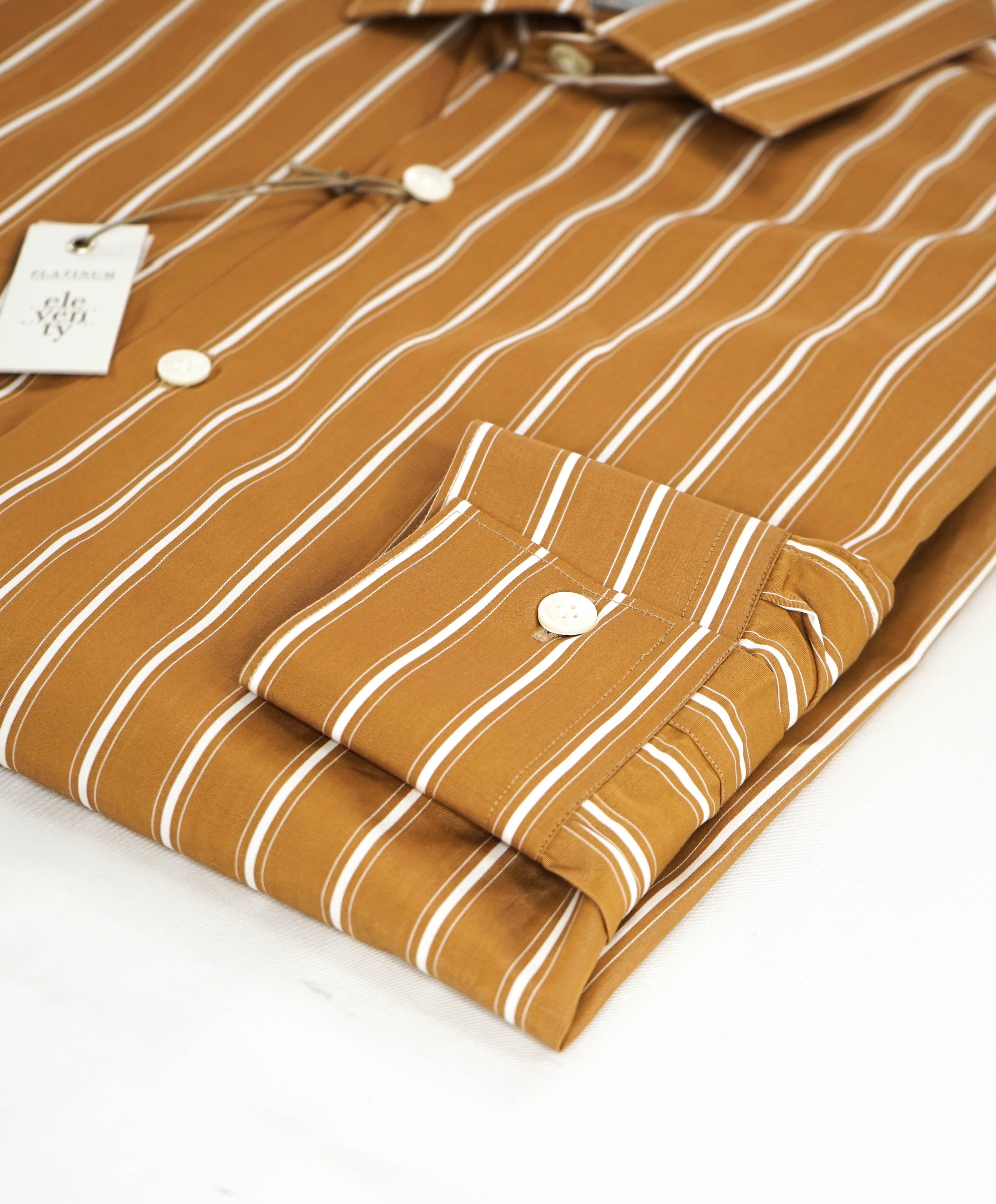 $395 ELEVENTY - Camel/White *Spread Collar* Stripe Dress Shirt - M