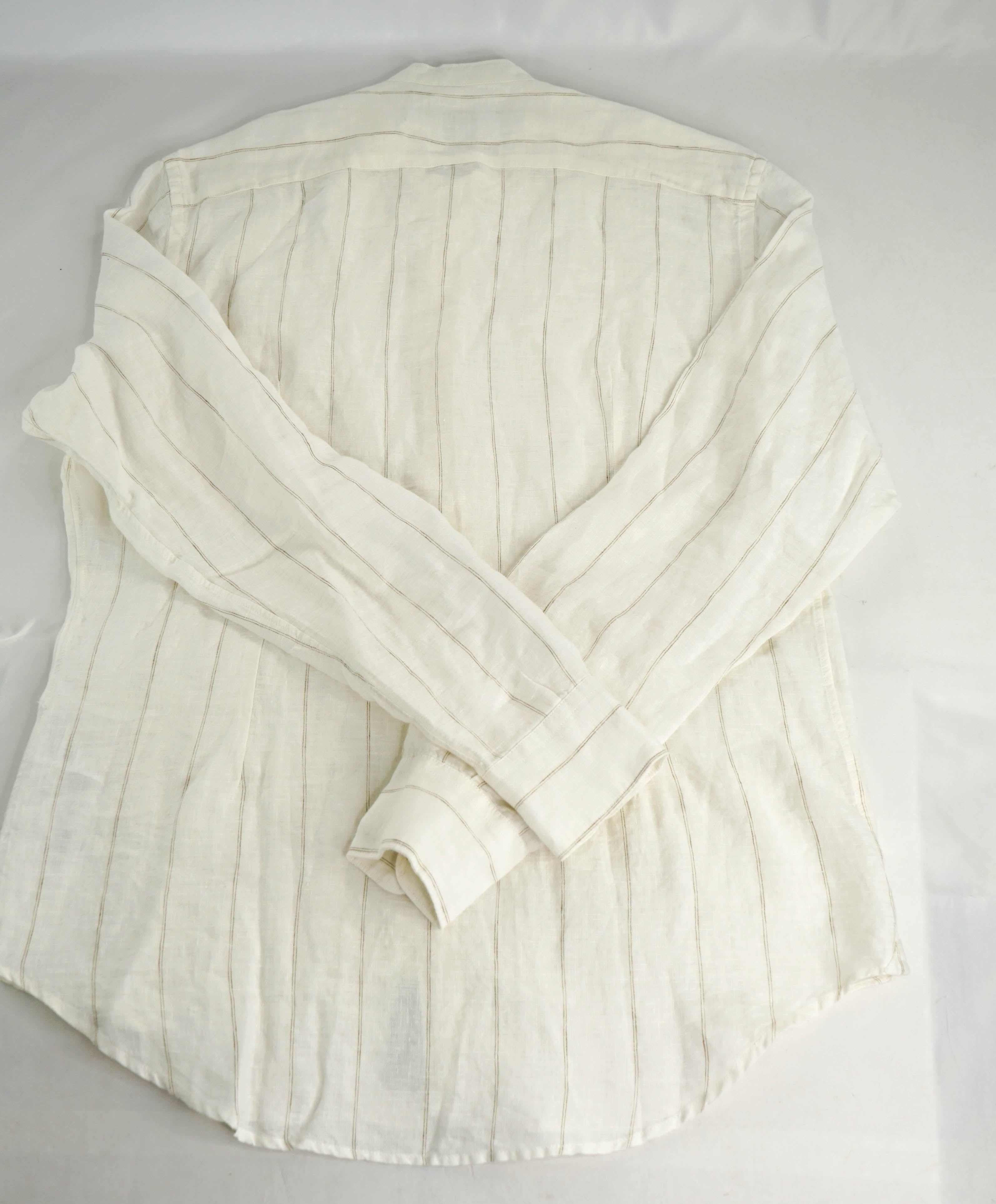 $445 ELEVENTY - *LINEN* Ivory MOP Button Down Band Collar Shirt - M