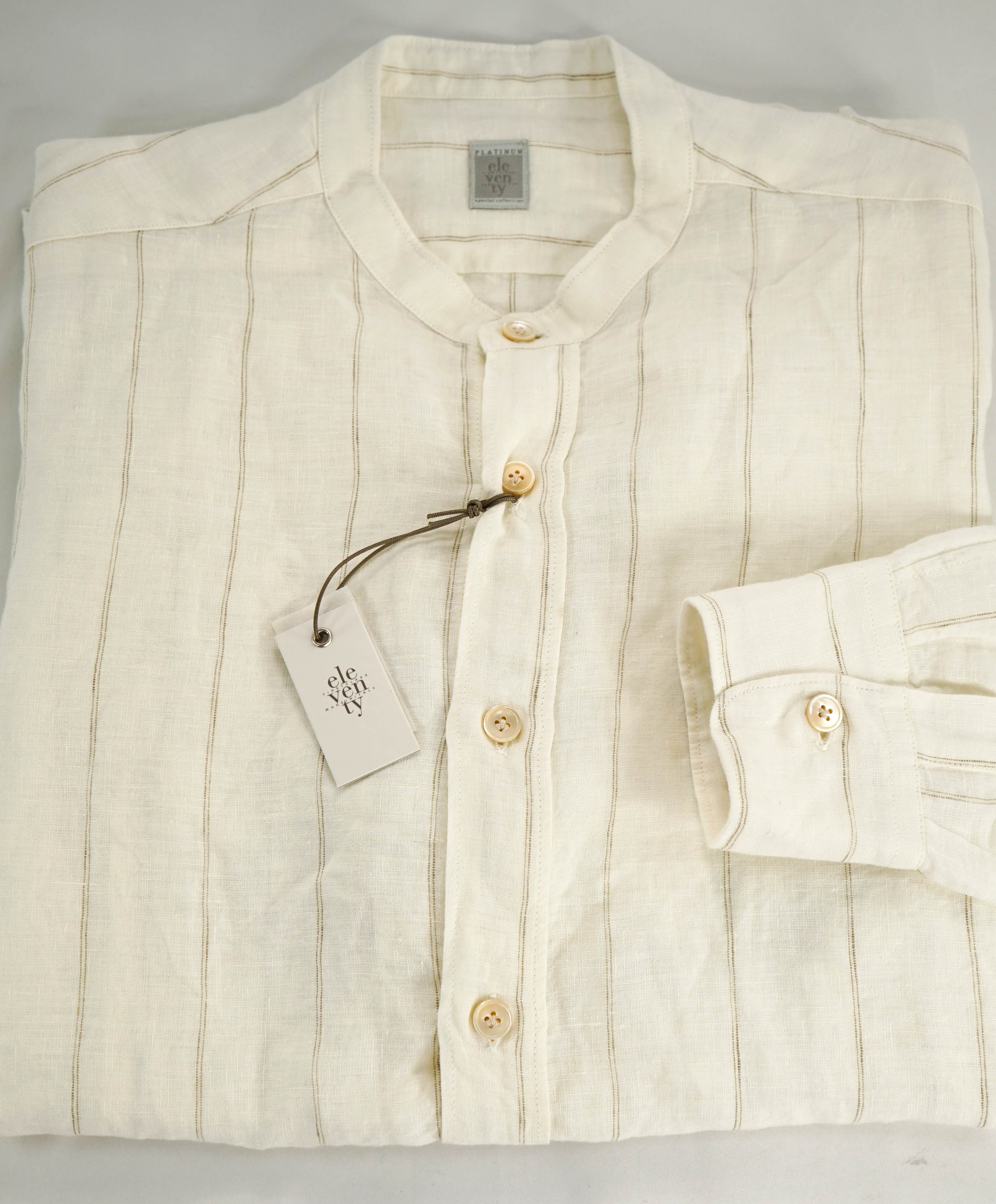 $445 ELEVENTY - *LINEN* Ivory MOP Button Down Band Collar Shirt - M