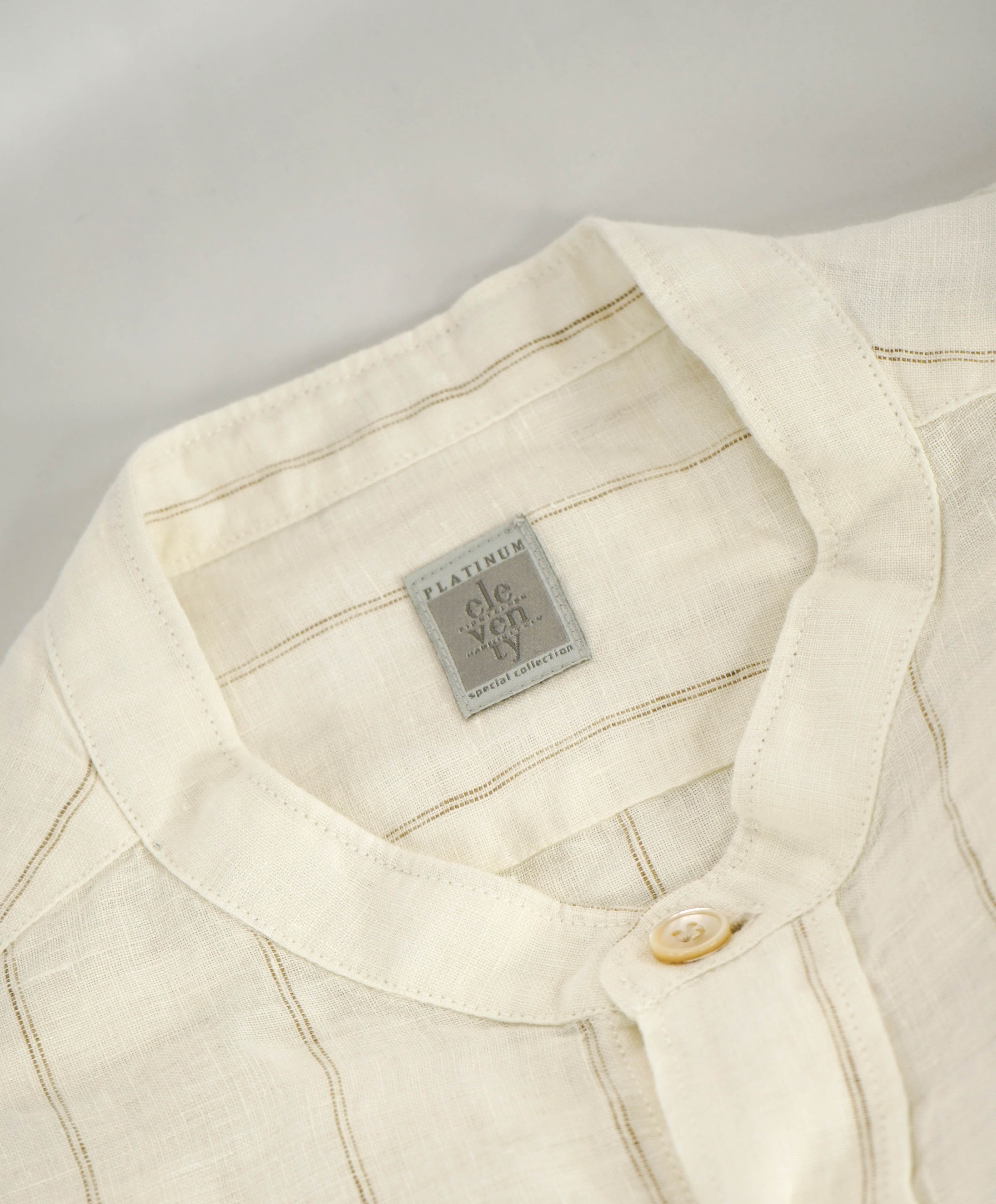 $445 ELEVENTY - *LINEN* Ivory MOP Button Down Band Collar Shirt - M