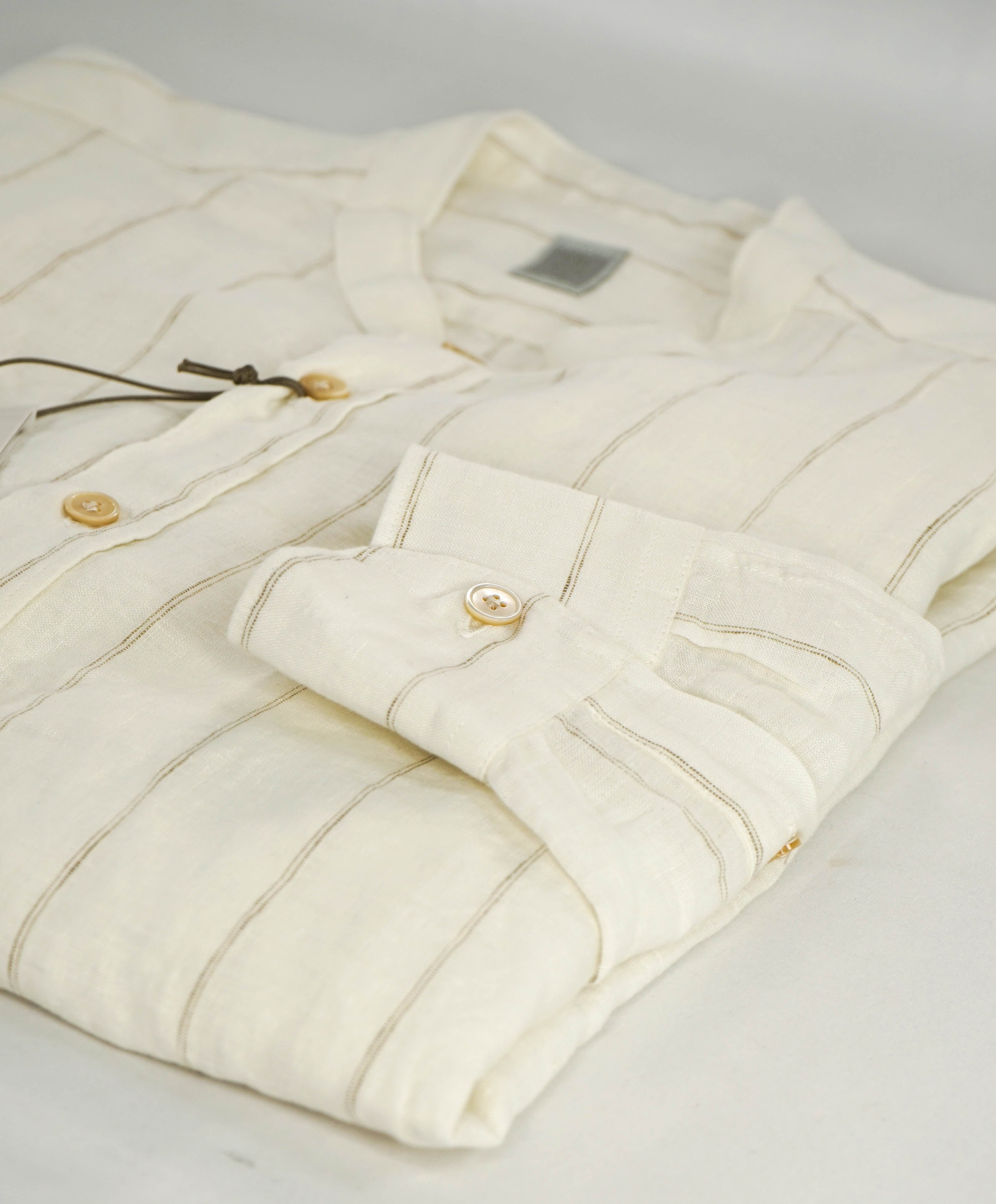 $445 ELEVENTY - *LINEN* Ivory MOP Button Down Band Collar Shirt - M