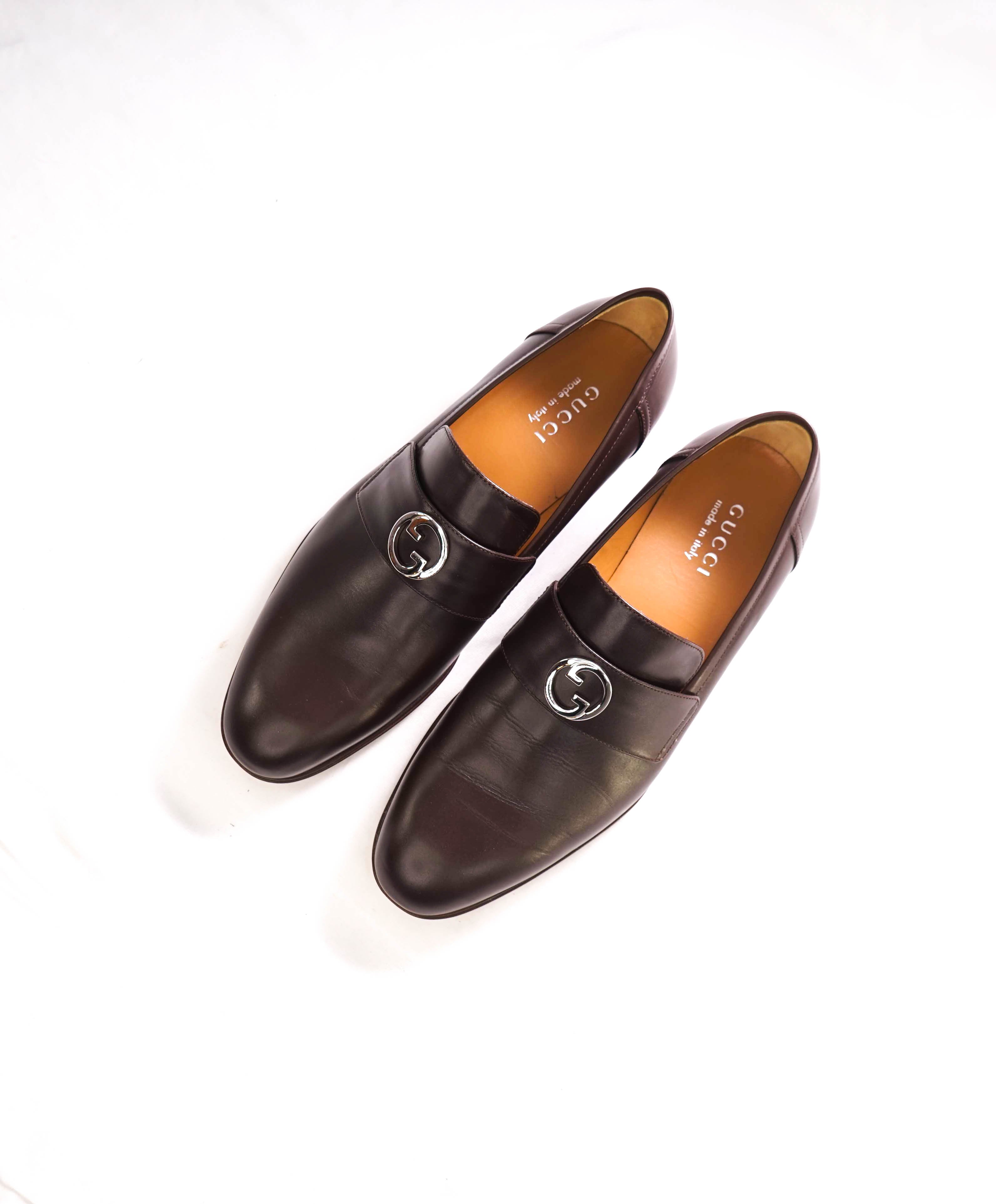 $1,000 GUCCI - "INTERLOCKING G LOAFERS" Brown/Silver Leather Loafers - 10.5 US (10G)