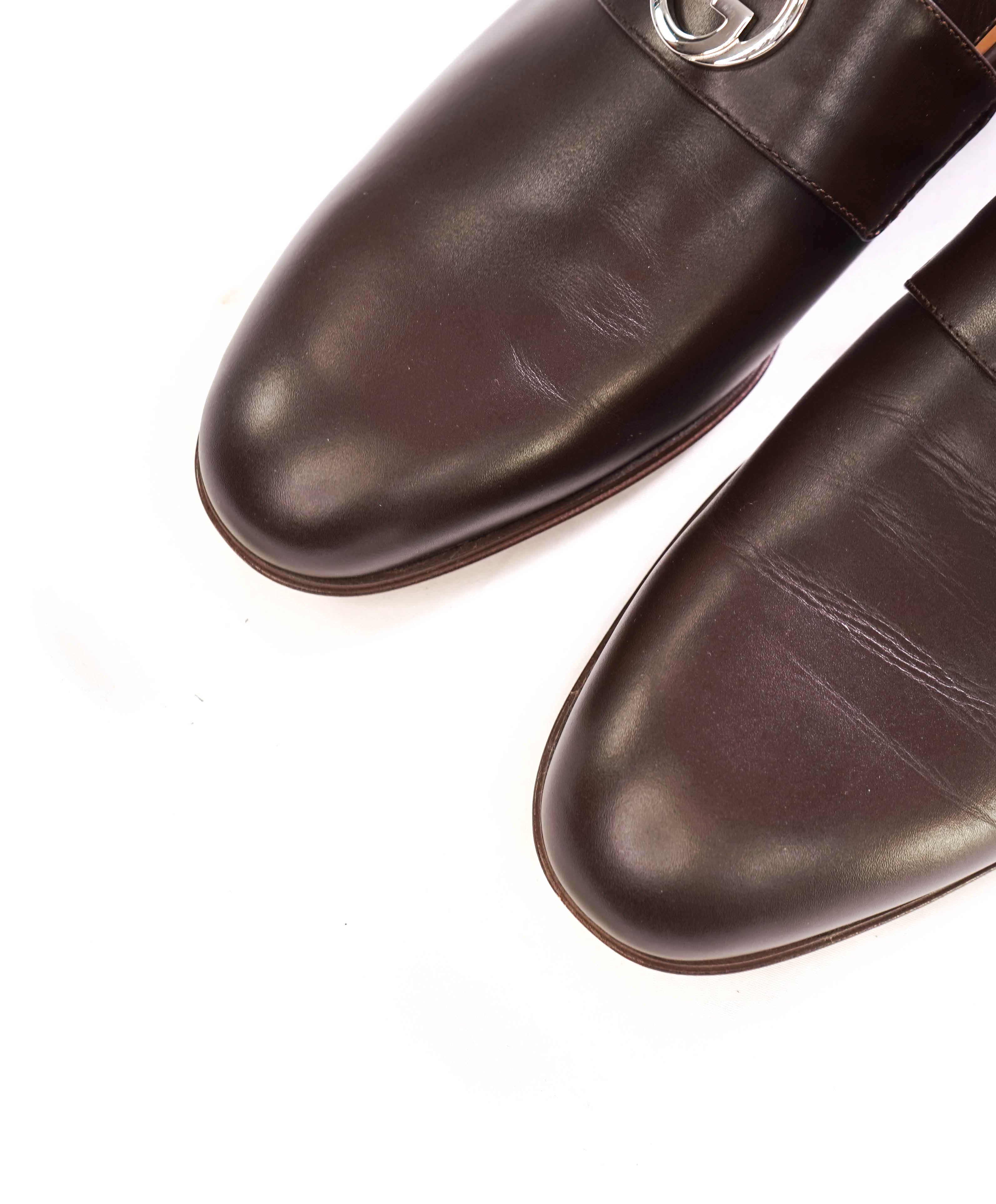 $1,000 GUCCI - "INTERLOCKING G LOAFERS" Brown/Silver Leather Loafers - 10.5 US (10G)