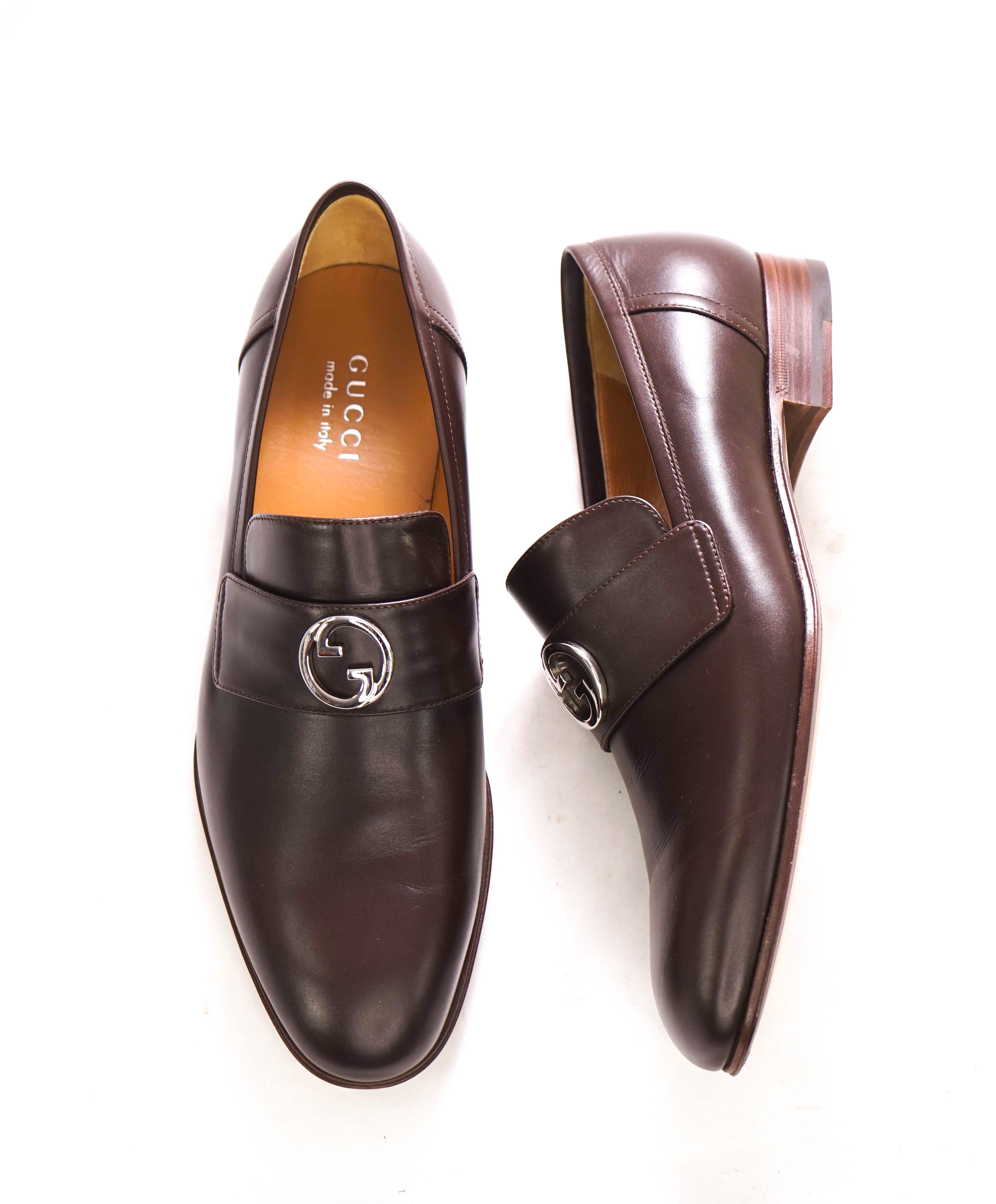 $1,000 GUCCI - "INTERLOCKING G LOAFERS" Brown/Silver Leather Loafers - 10.5 US (10G)