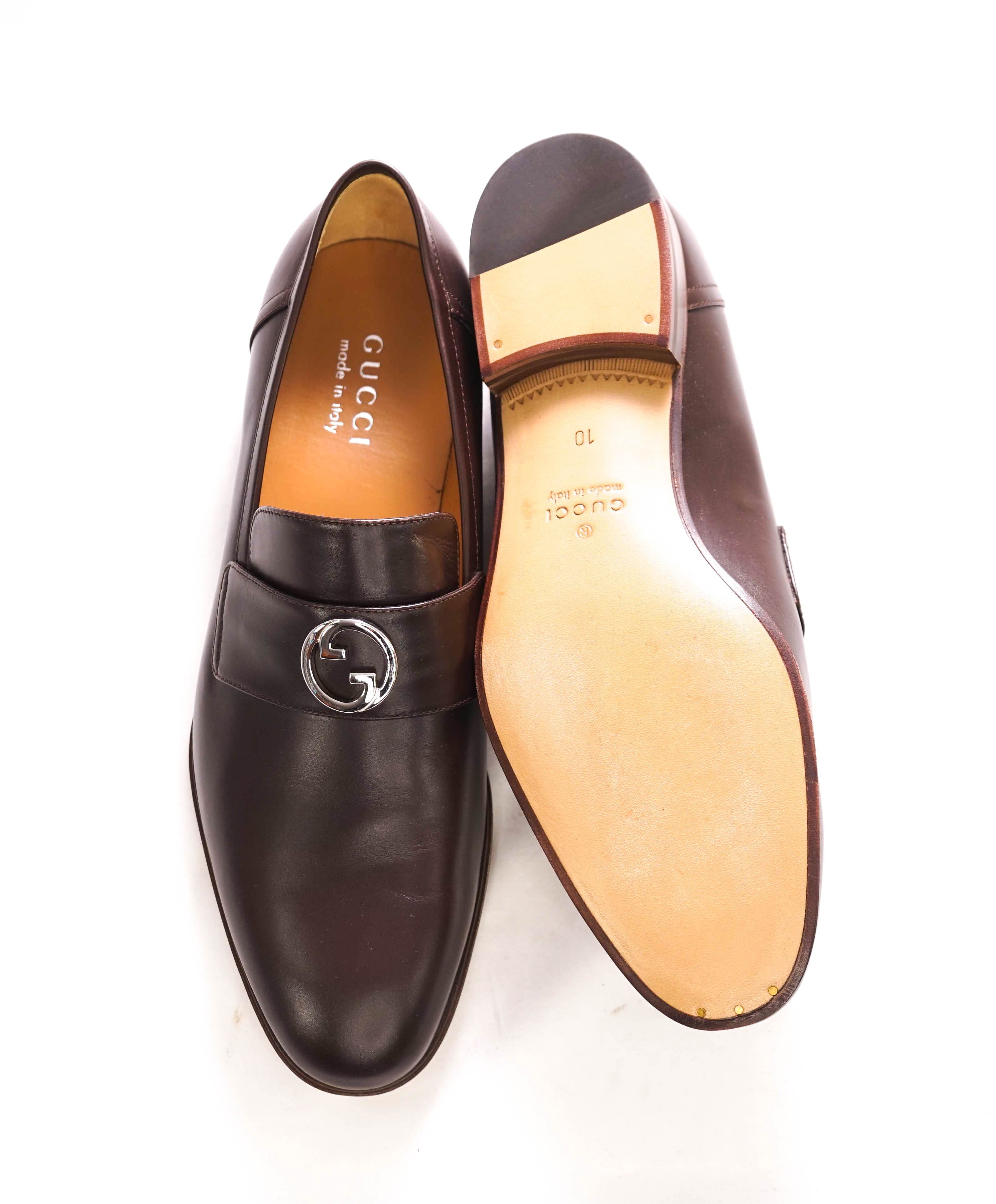 $1,000 GUCCI - "INTERLOCKING G LOAFERS" Brown/Silver Leather Loafers - 10.5 US (10G)