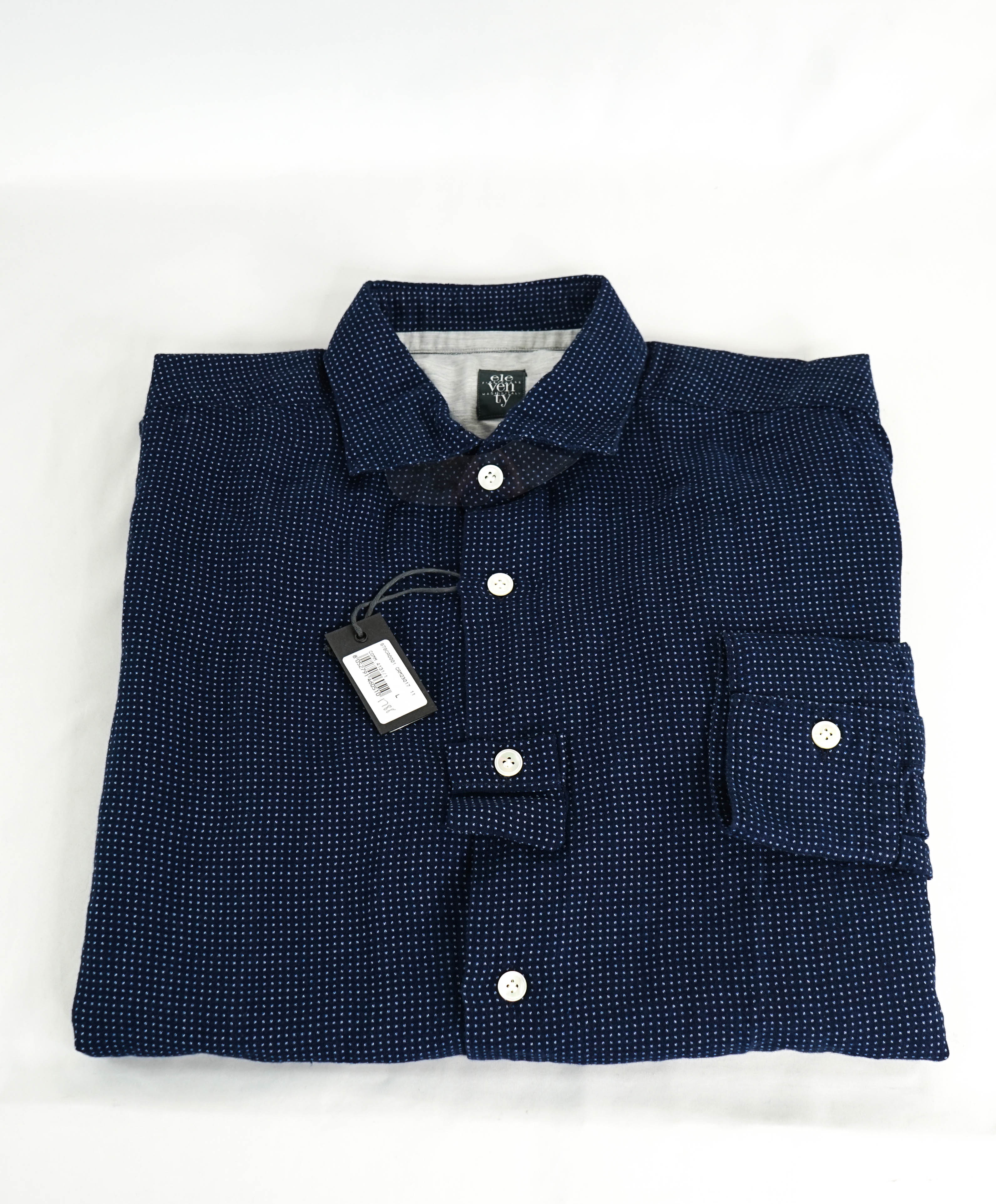 $495 ELEVENTY - Navy/Blue LINEN COTTON Button Dress Shirt - L