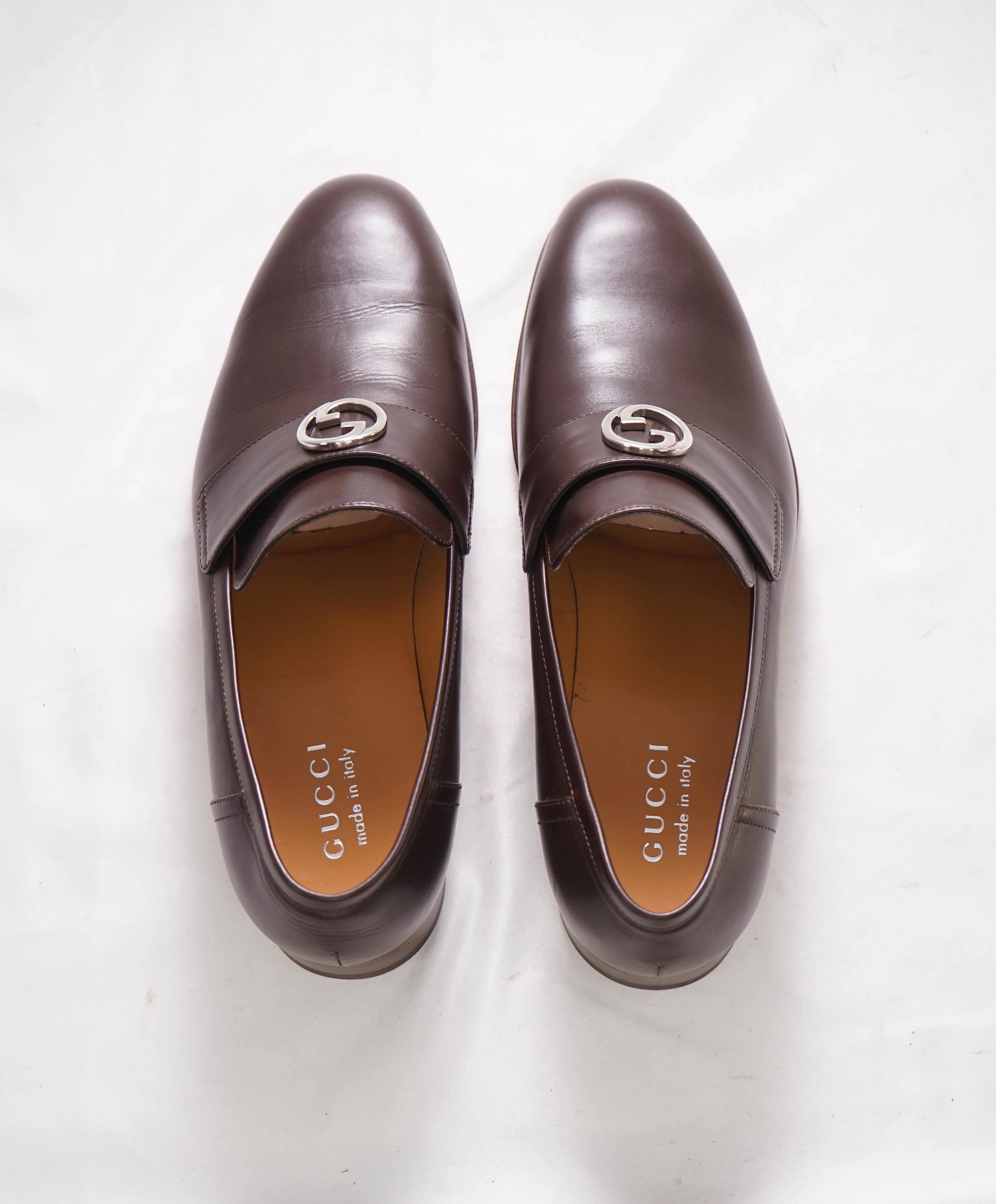 $1,000 GUCCI - "INTERLOCKING G LOAFERS" Brown/Silver Leather Loafers - 10.5 US (10G)