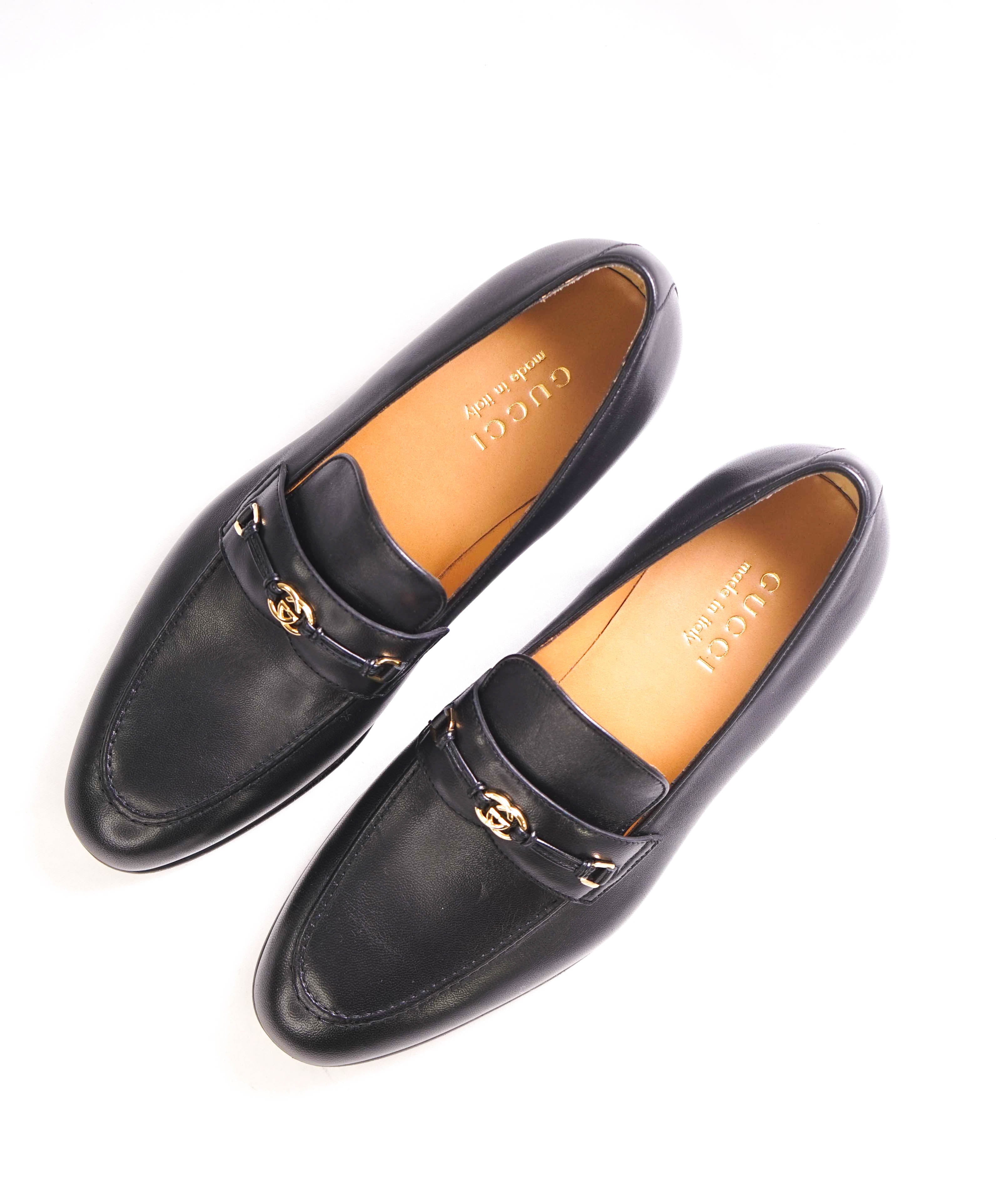 $950 GUCCI - "Interlocking G" Black GG Leather Loafers - 7.5US (7G)