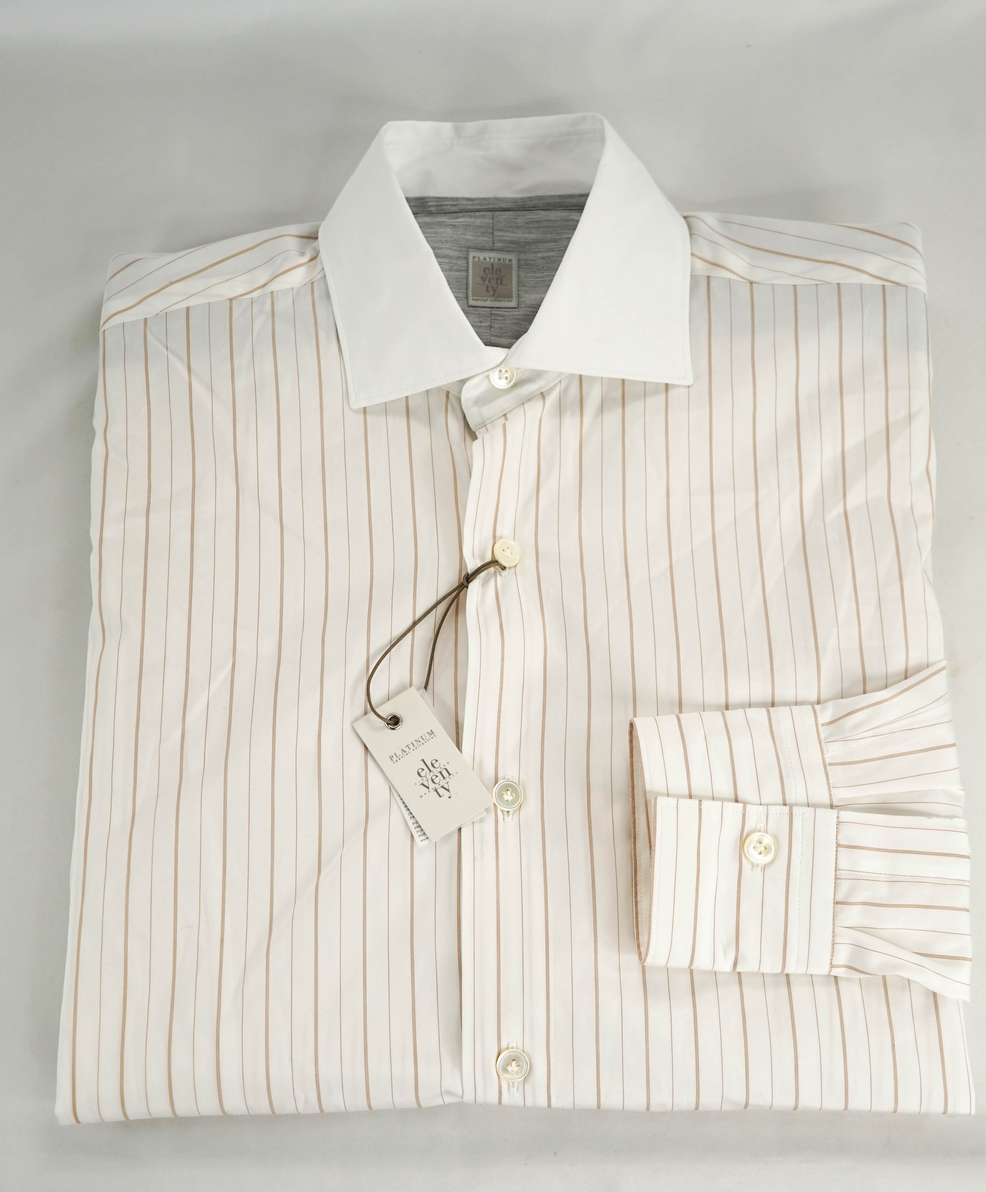 $395 ELEVENTY - Neutral/White *Wide Spread Contrast Collar* Button Dress Shirt - M