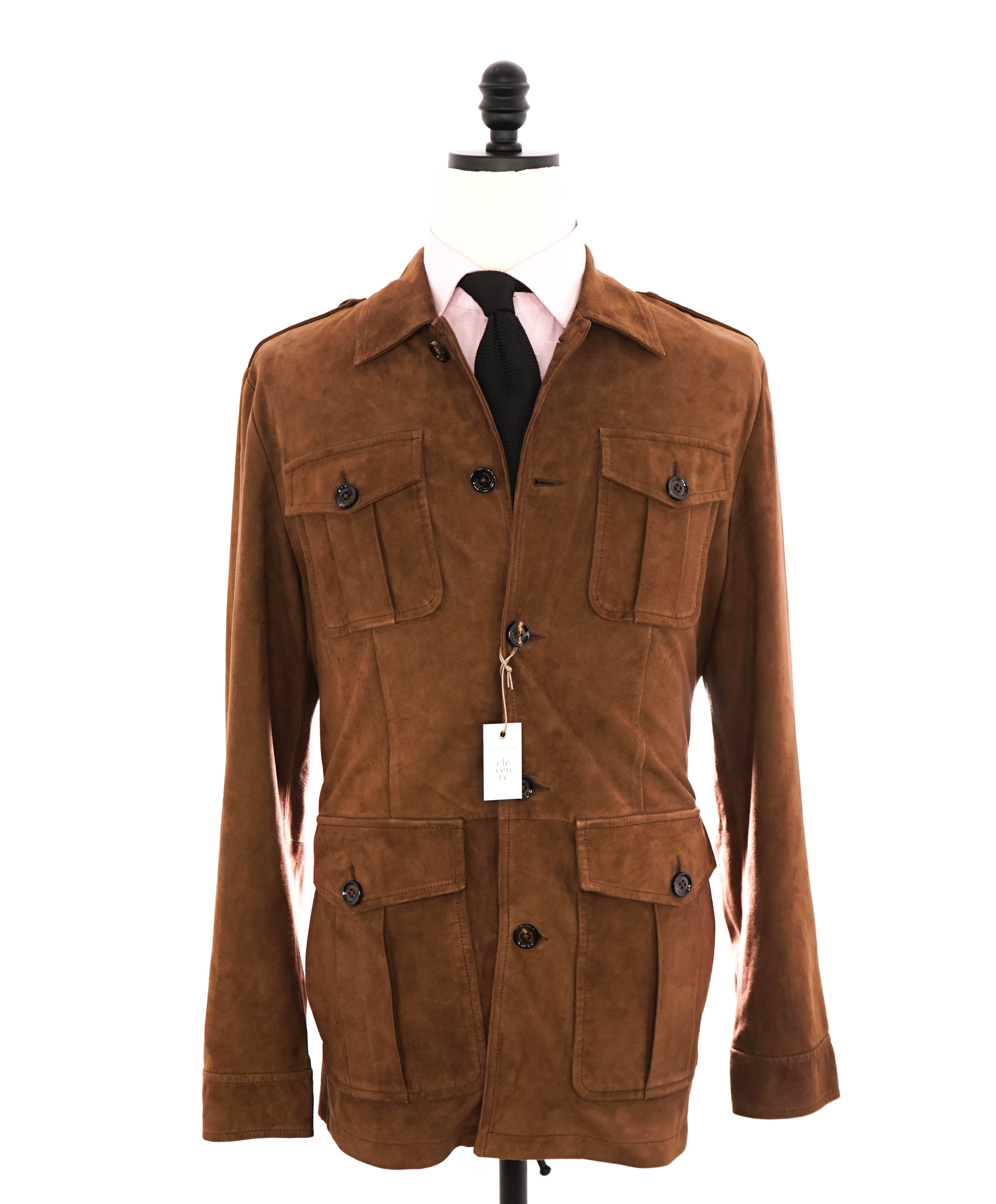 $2,495 ELEVENTY - Tobacco Brown SUEDE Safari Jacket Coat - 40R (M)