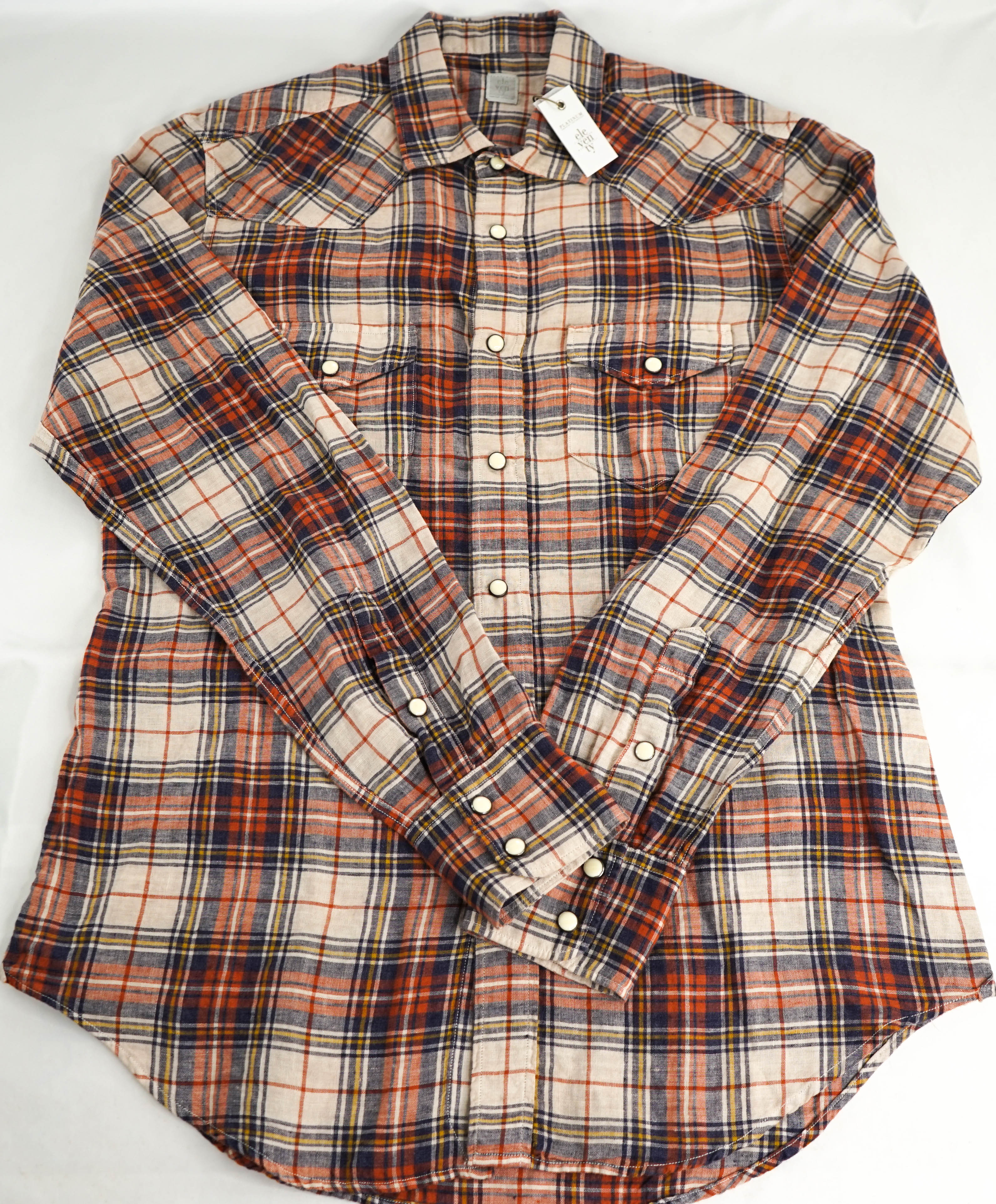 $395 ELEVENTY - Multi Check Plaid *PURE LINEN* Snap Front Shirt - M