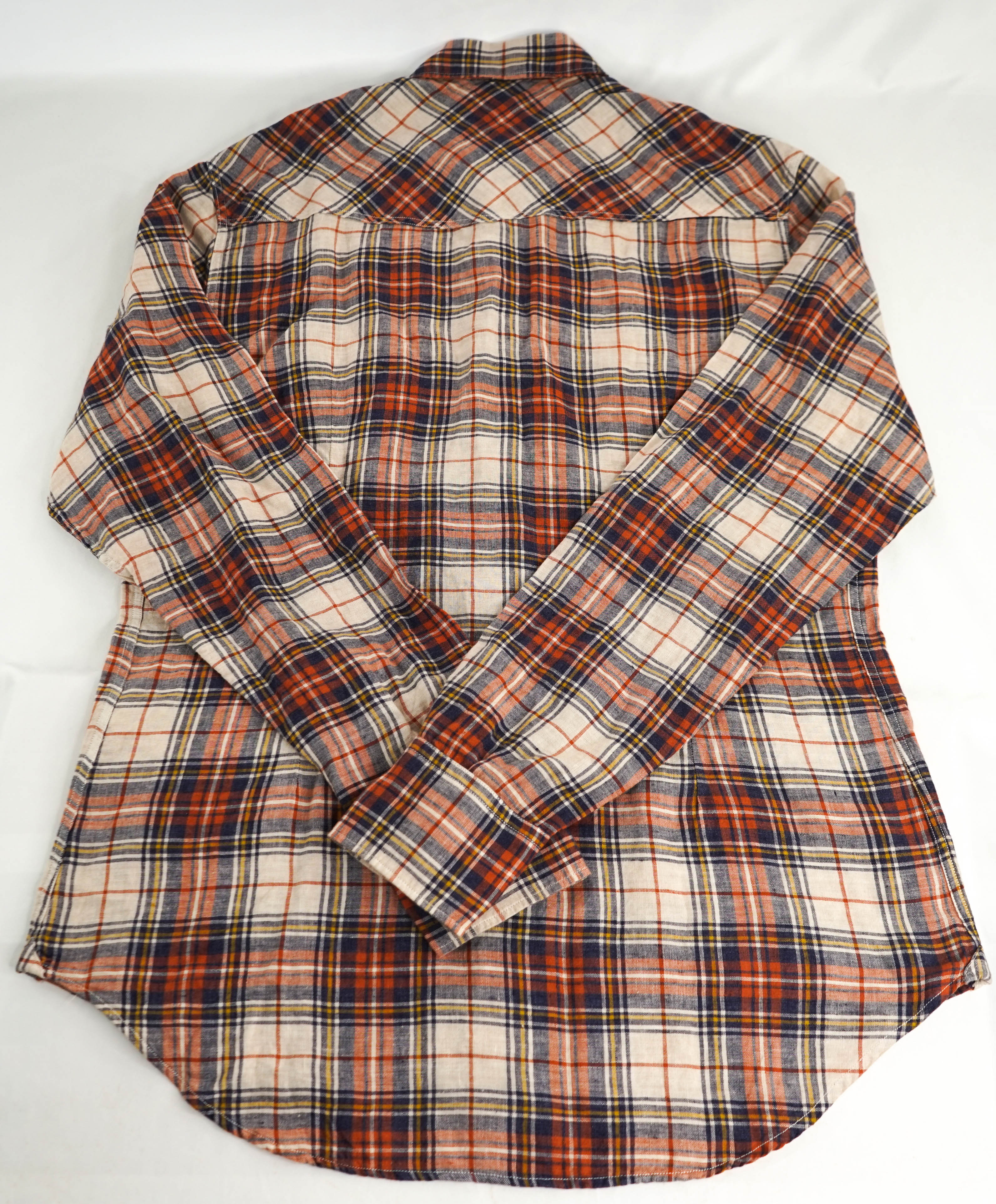 $395 ELEVENTY - Multi Check Plaid *PURE LINEN* Snap Front Shirt - M