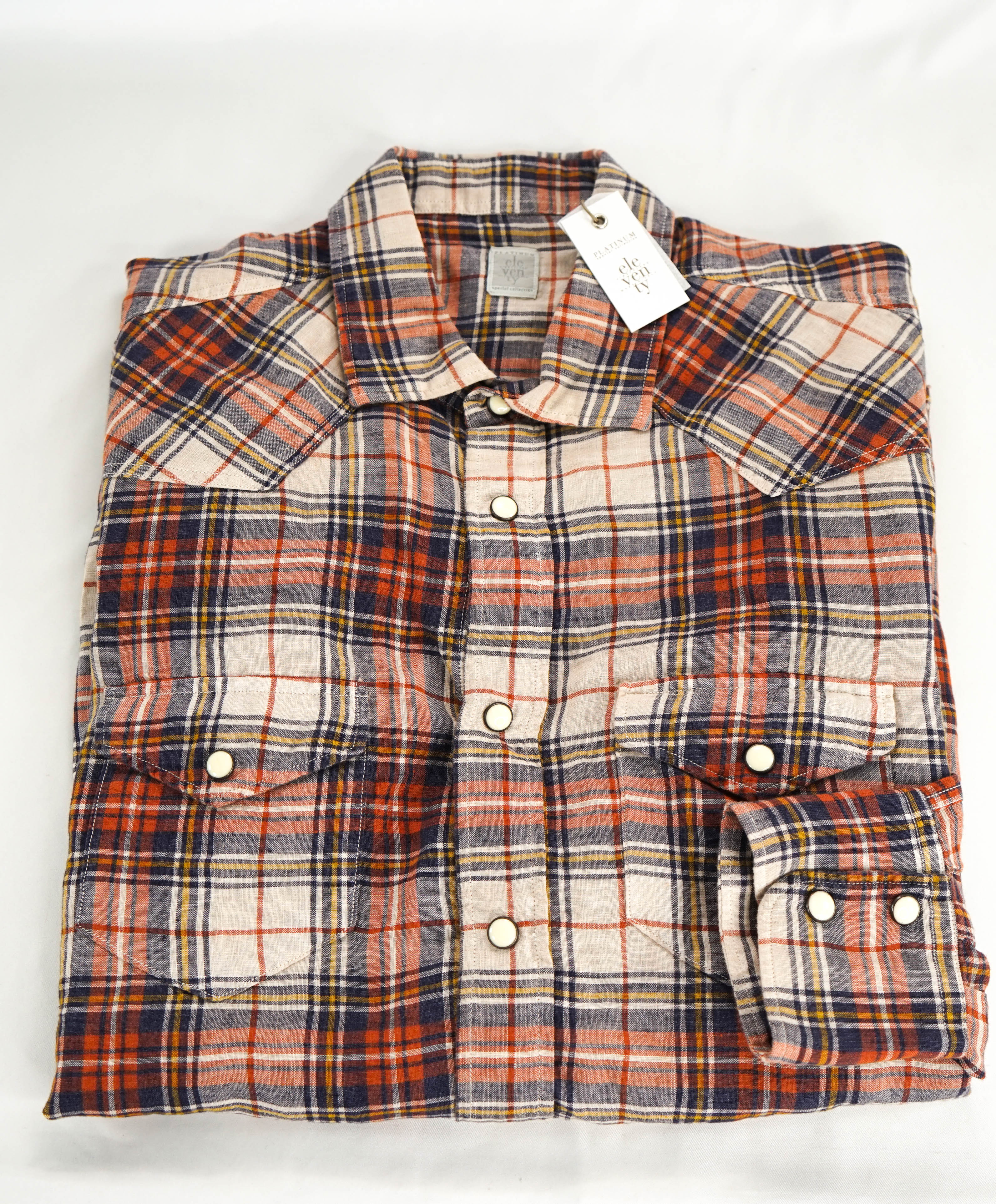 $395 ELEVENTY - Multi Check Plaid *PURE LINEN* Snap Front Shirt - M