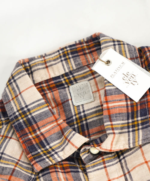 $395 ELEVENTY - Multi Check Plaid *PURE LINEN* Snap Front Shirt - M