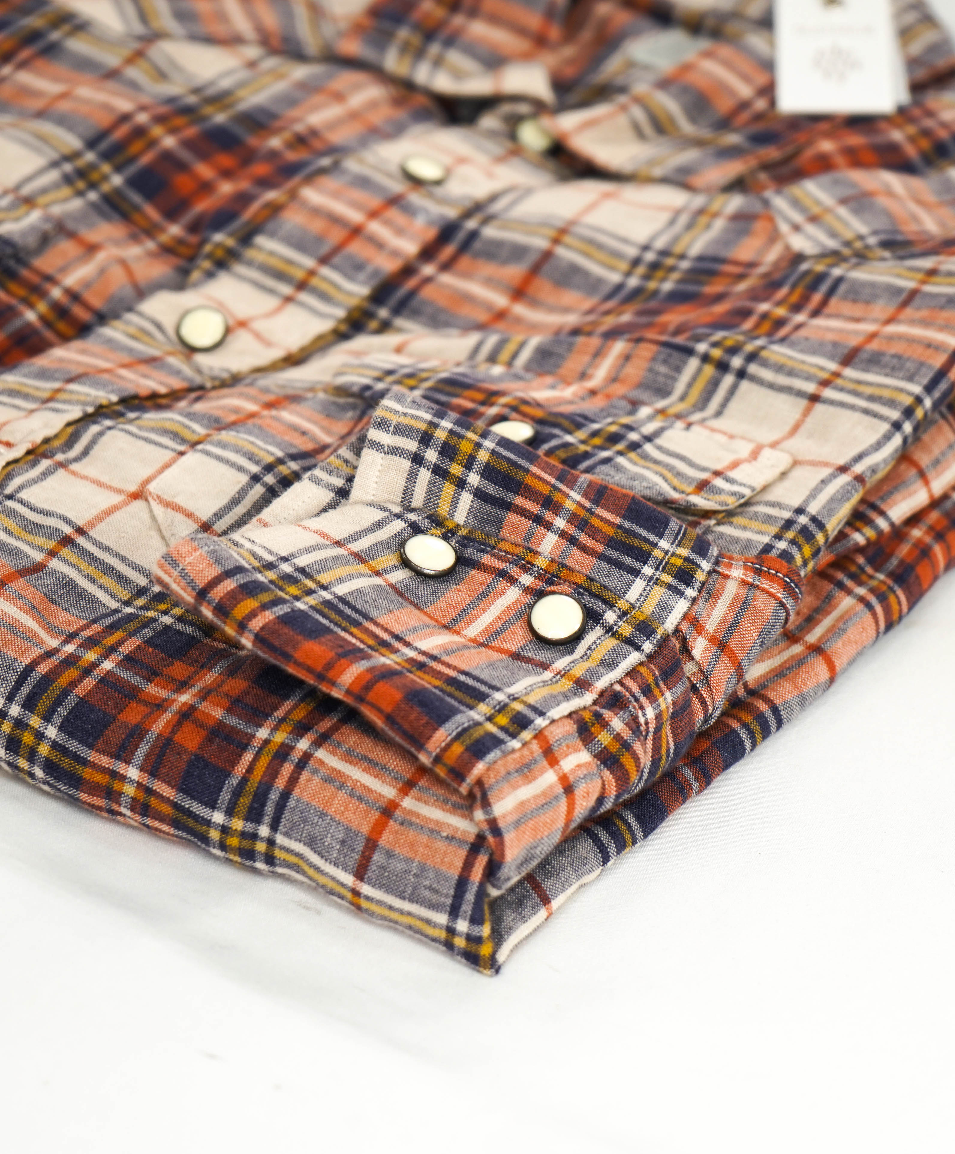 $395 ELEVENTY - Multi Check Plaid *PURE LINEN* Snap Front Shirt - M