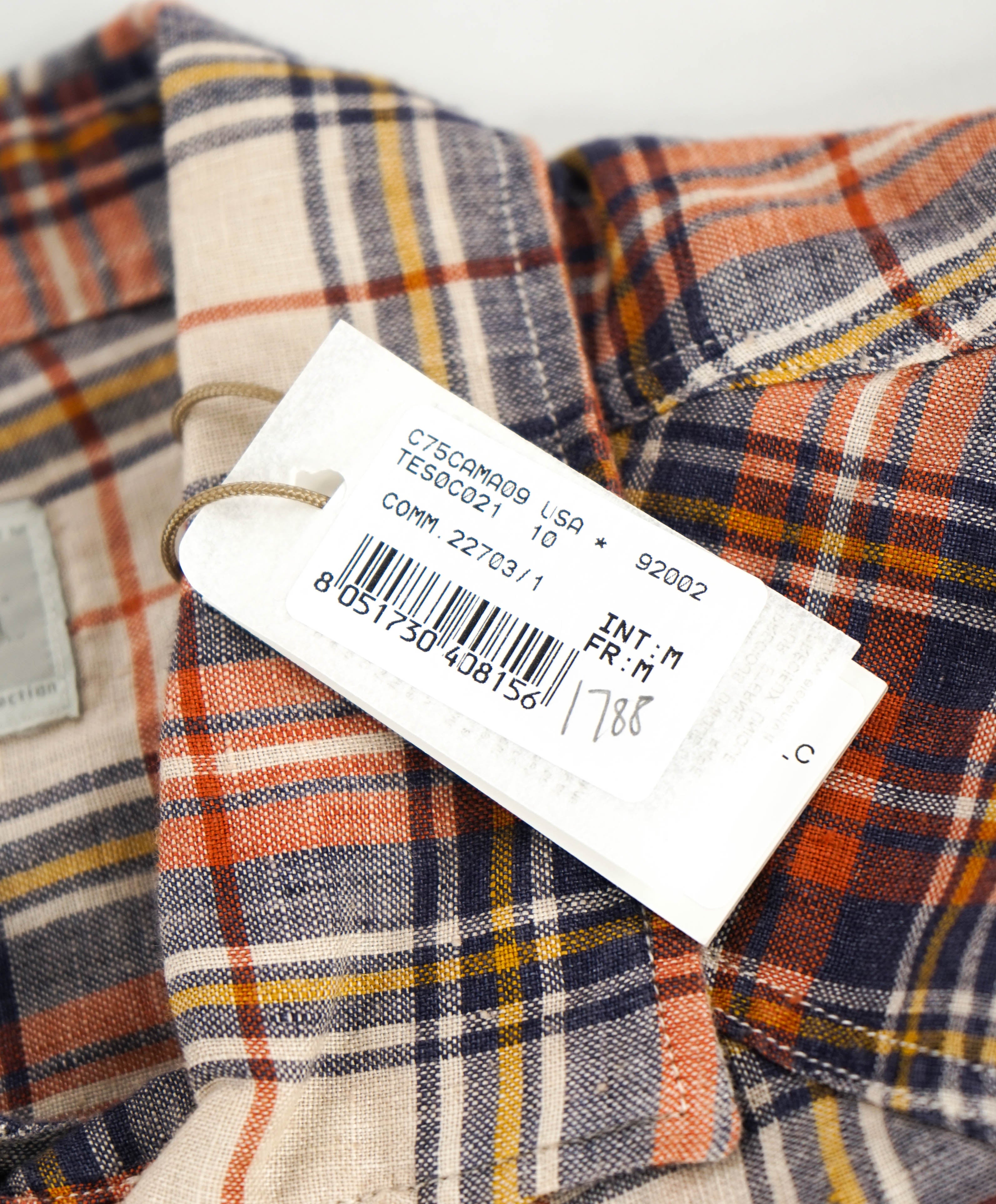 $395 ELEVENTY - Multi Check Plaid *PURE LINEN* Snap Front Shirt - M