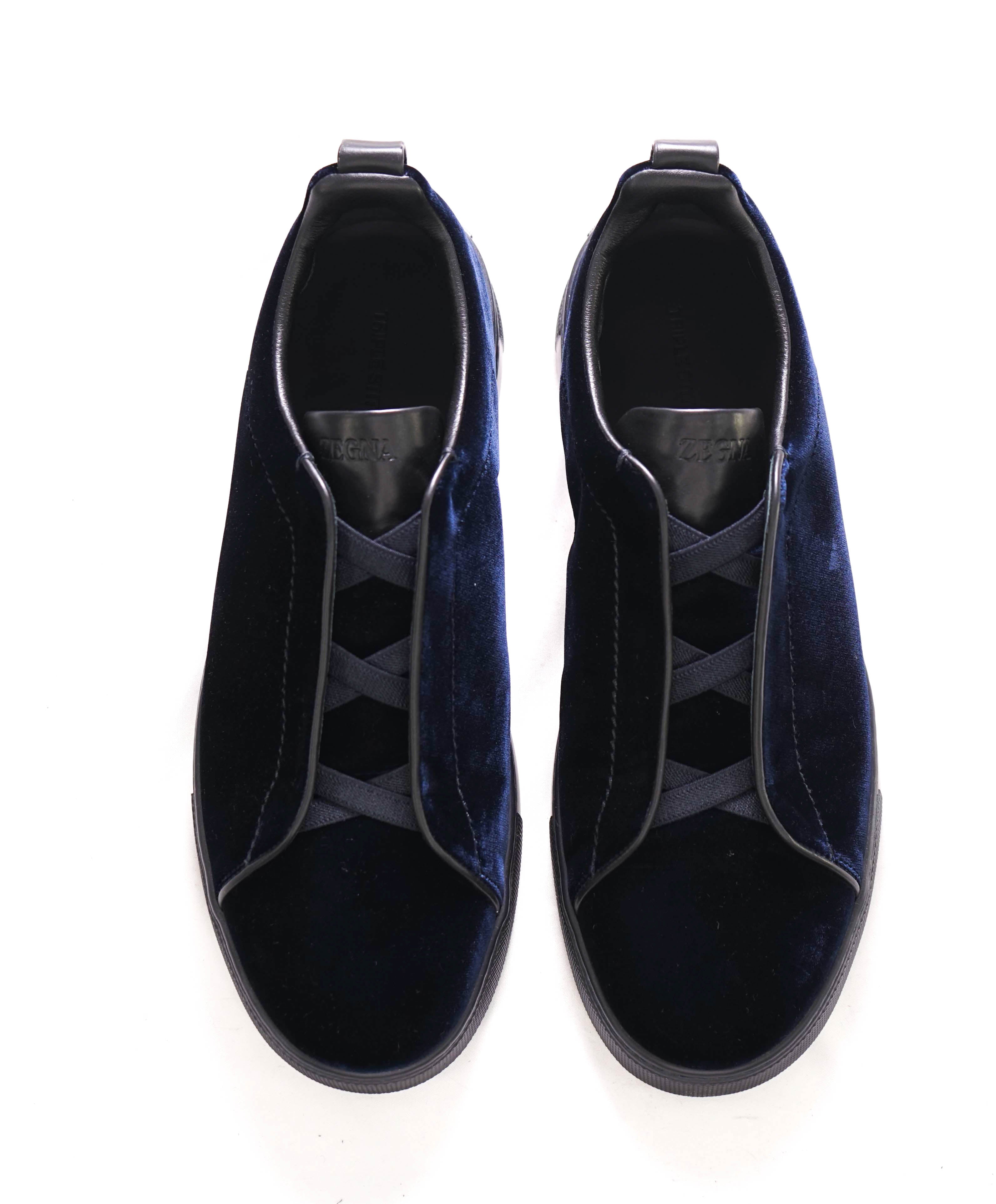 $1,150 ERMENEGILDO ZEGNA - COUTURE "Triple Stitch" Navy Velvet Sneakers - 11 US