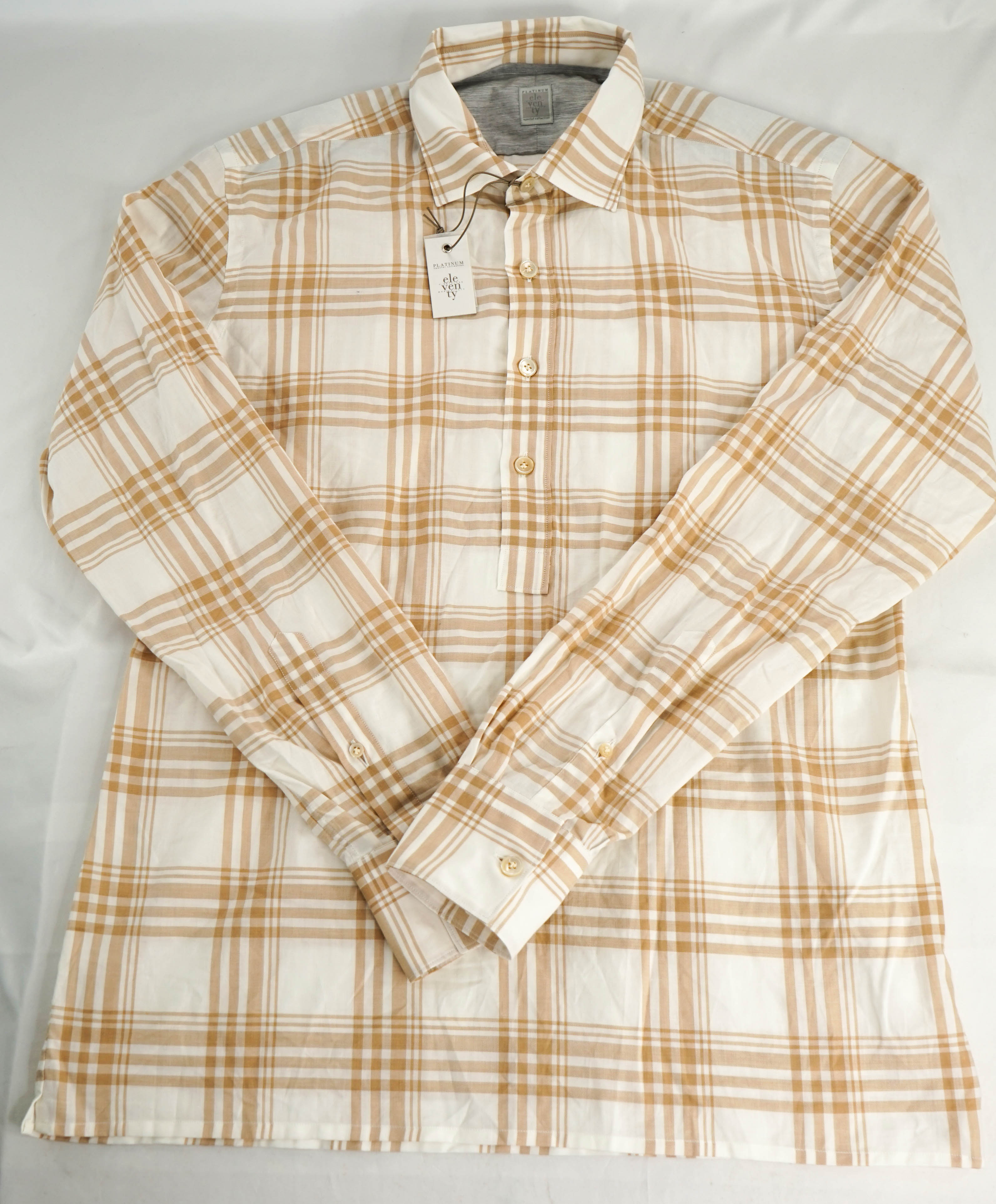 $395 ELEVENTY - Neutral *Spread Collar* Check Plaid Dress Shirt - M