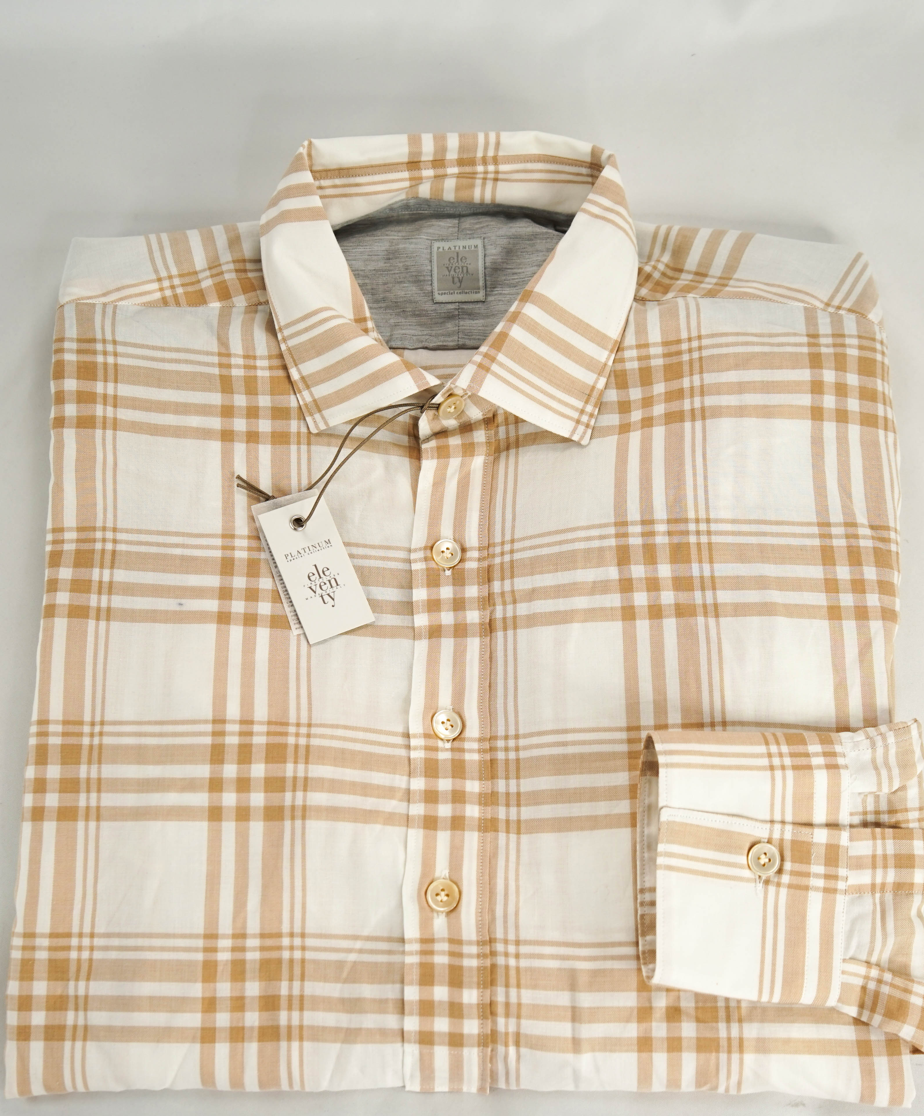 $395 ELEVENTY - Neutral *Spread Collar* Check Plaid Dress Shirt - M