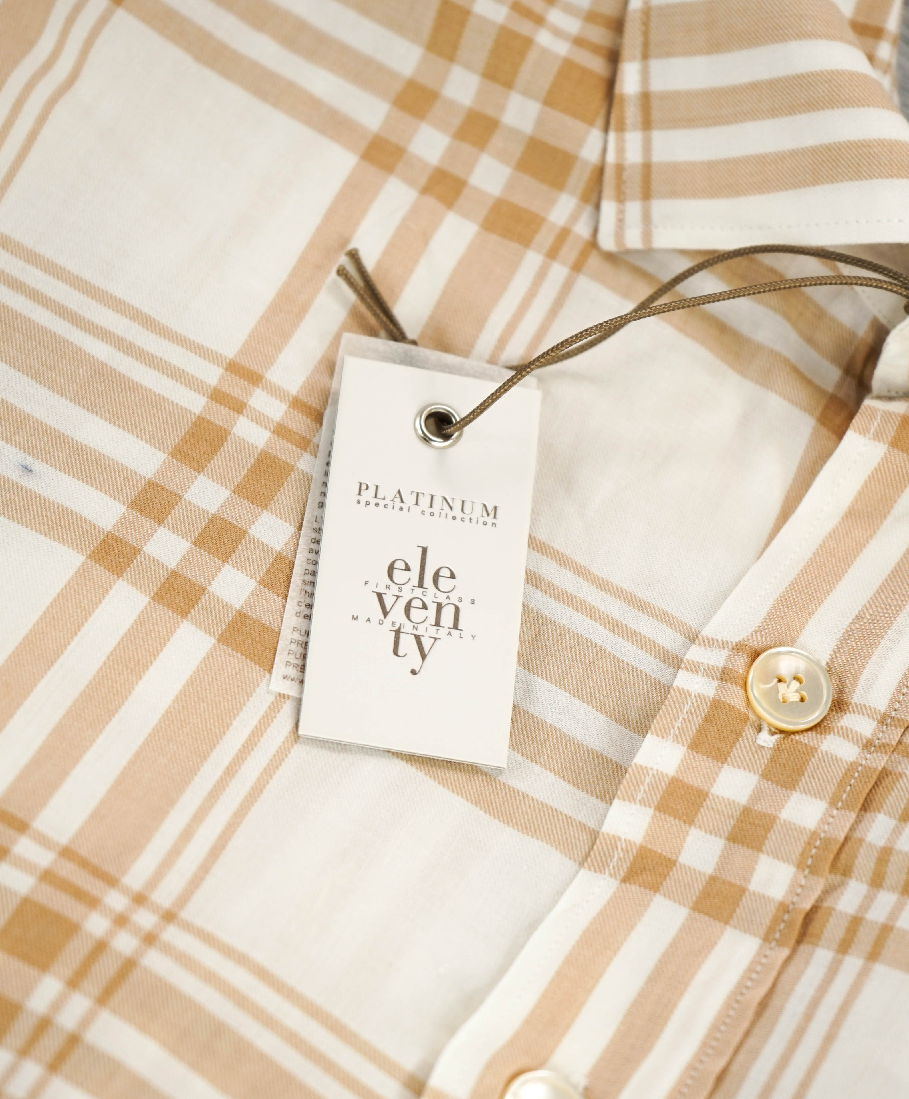 $395 ELEVENTY - Neutral *Spread Collar* Check Plaid Dress Shirt - M