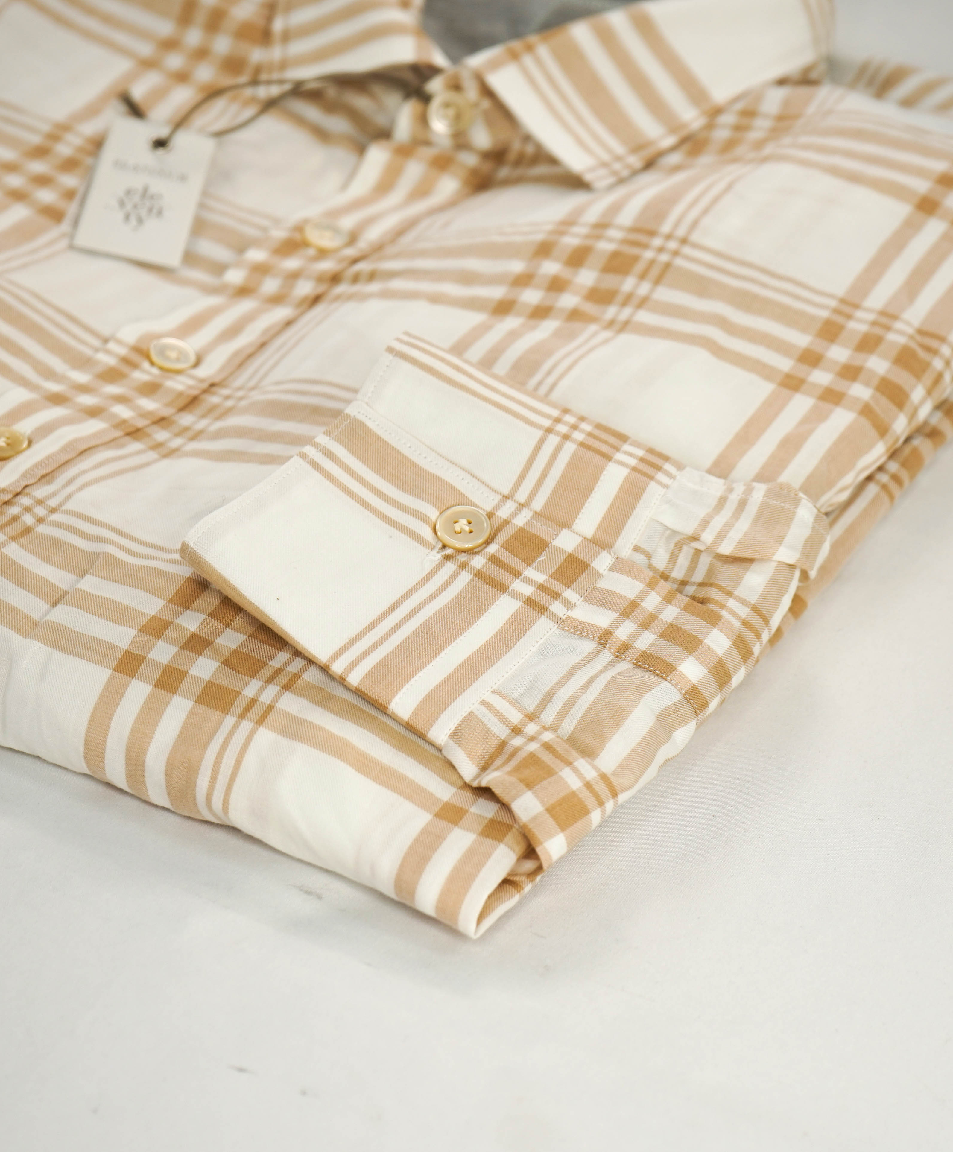 $395 ELEVENTY - Neutral *Spread Collar* Check Plaid Dress Shirt - M