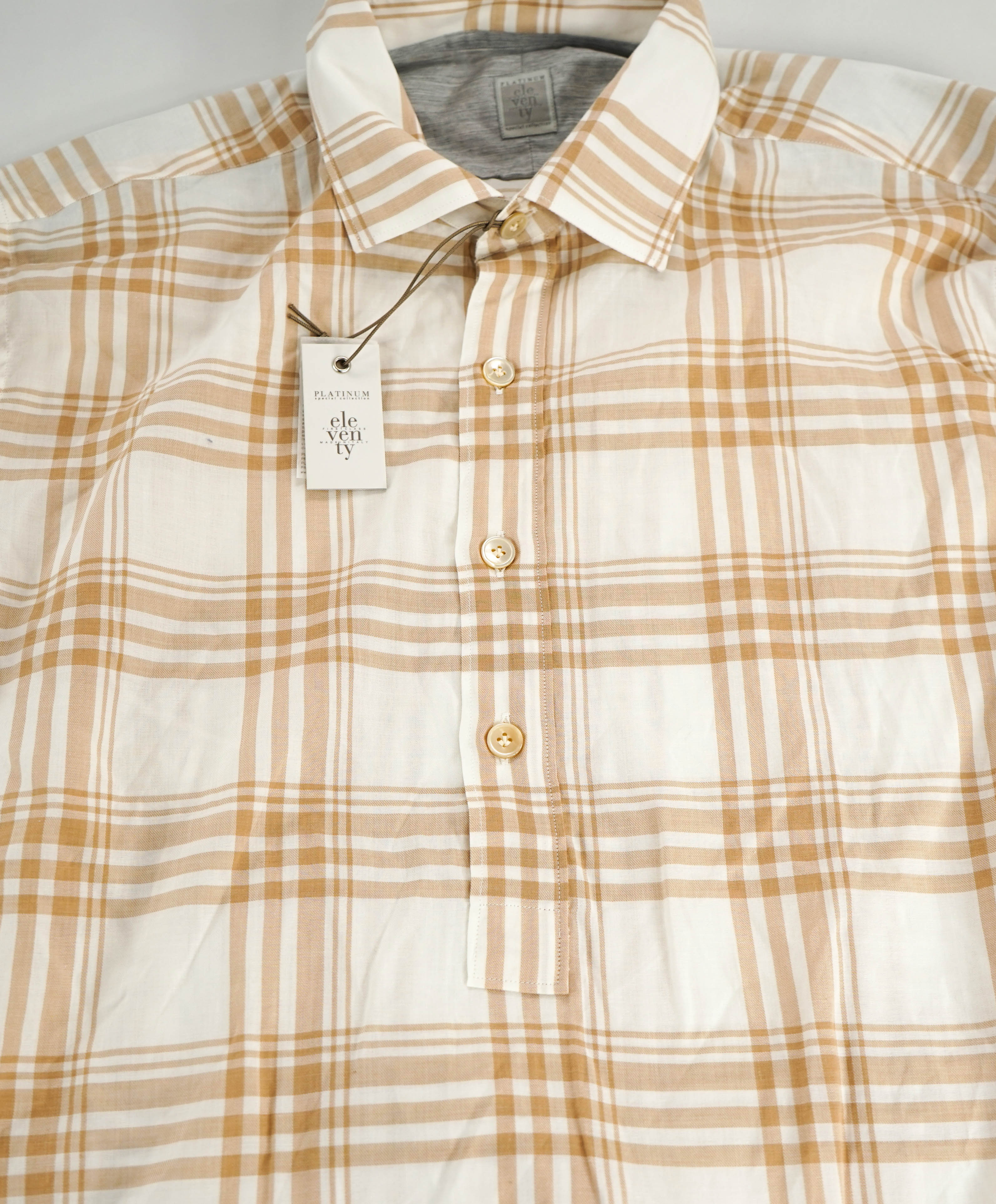 $395 ELEVENTY - Neutral *Spread Collar* Check Plaid Dress Shirt - M