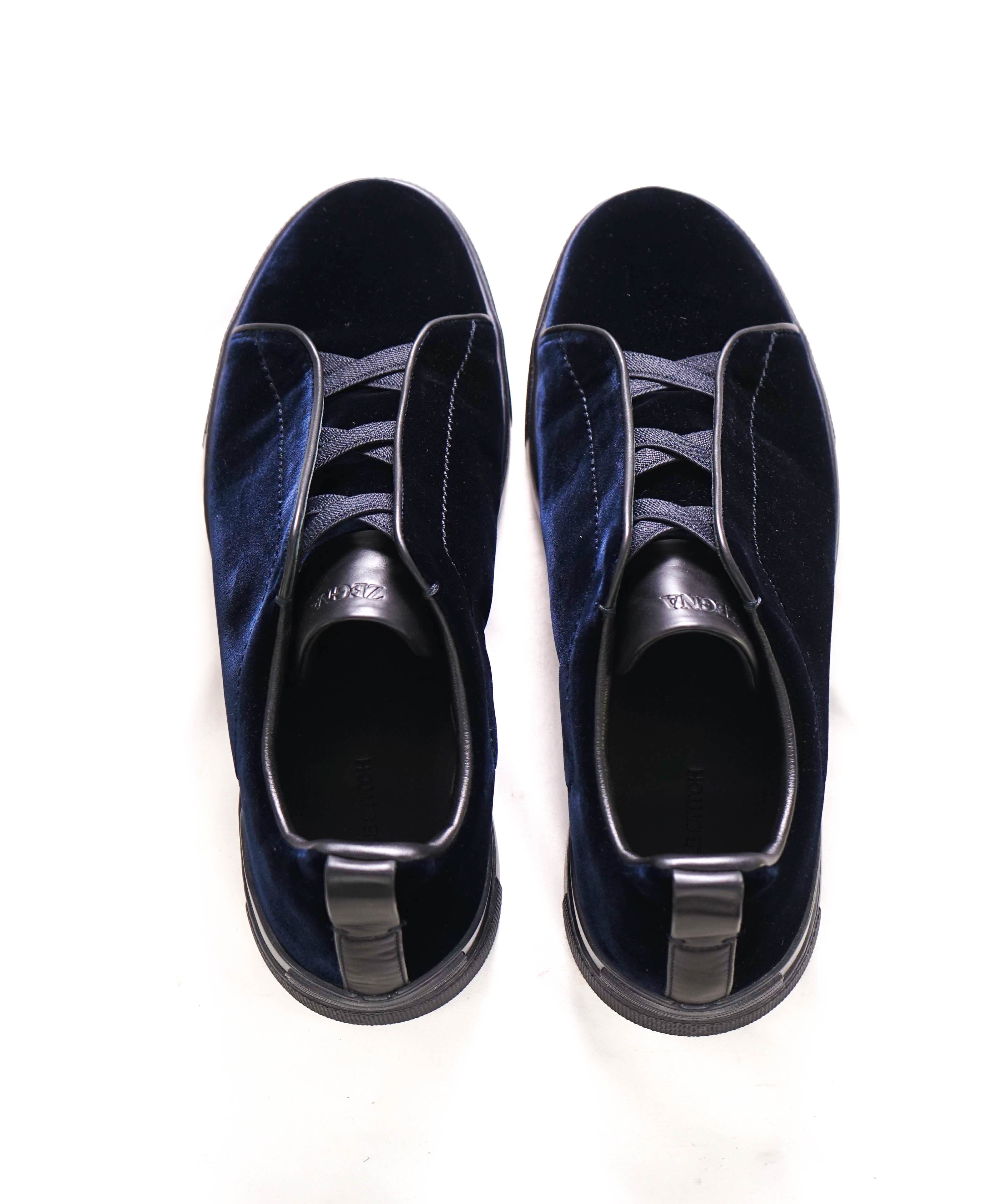 $1,150 ERMENEGILDO ZEGNA - COUTURE "Triple Stitch" Navy Velvet Sneakers - 11 US