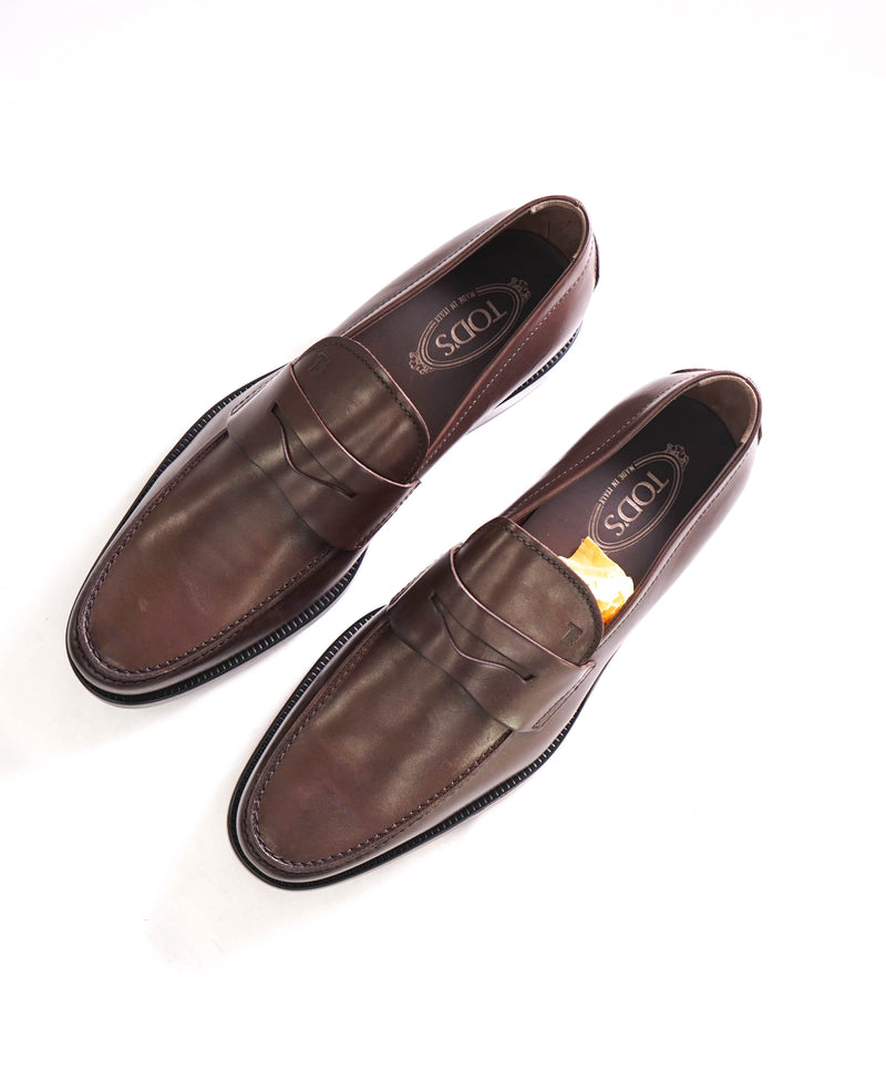 TOD’S - “Boston” Brown Patina Logo Embossed Vamp Penny Loafers - 13 US (12 IT)